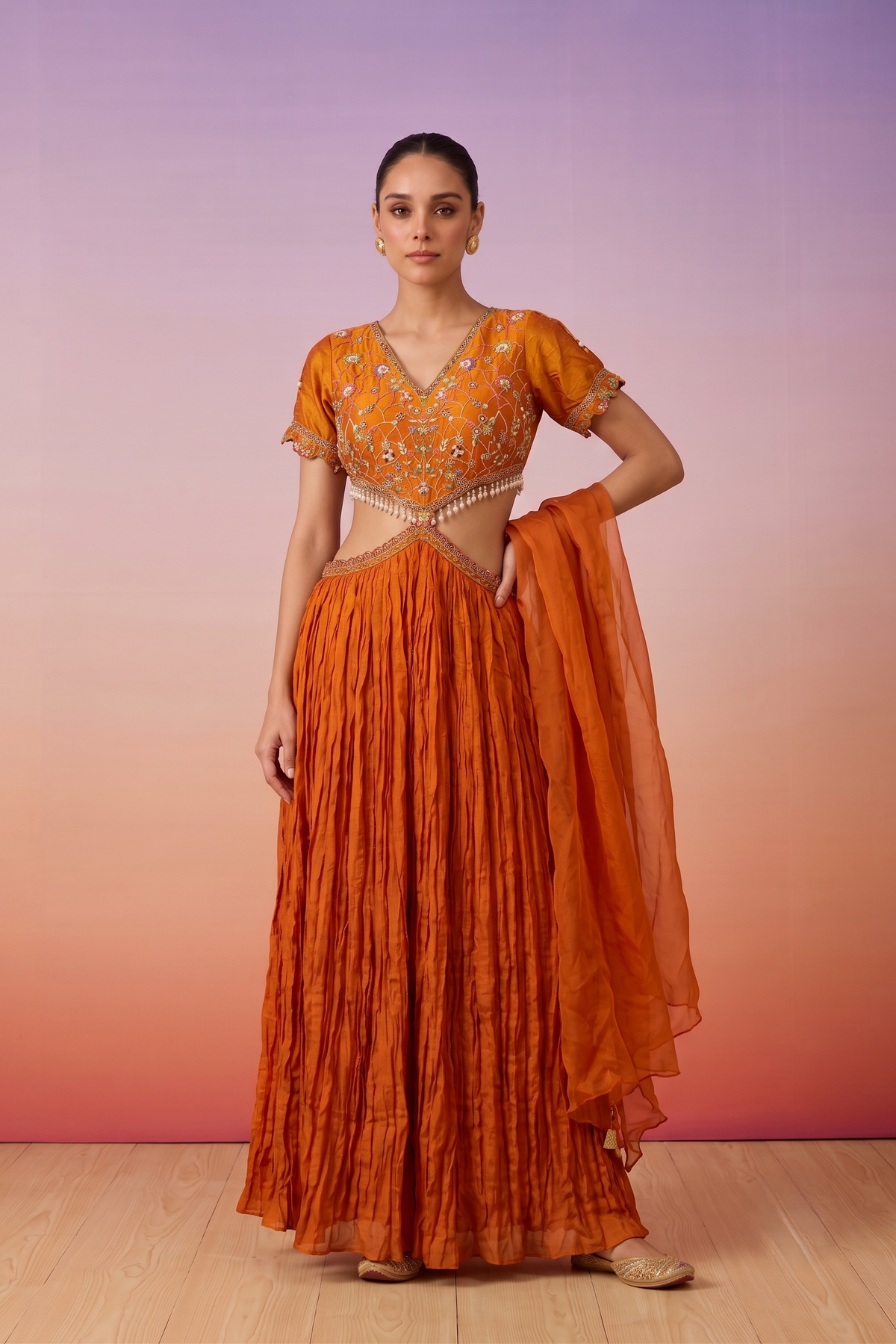 Coral Orange Embellished Chinon Silk Dress