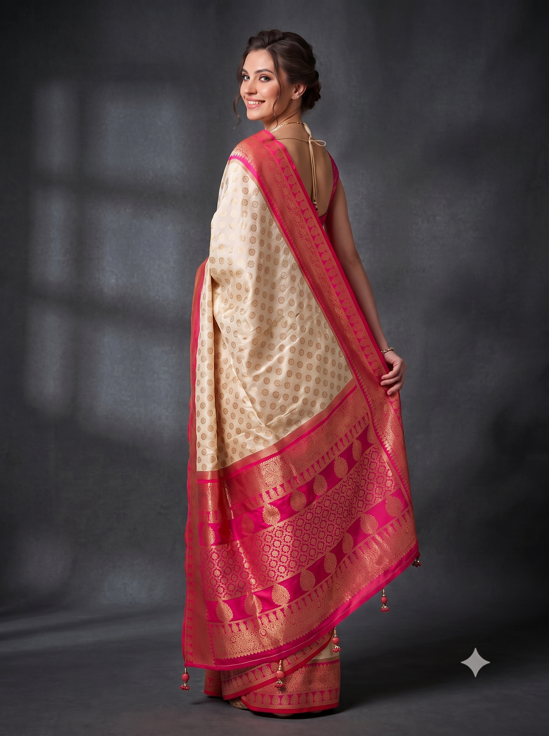 Ivory Pink Banarasi Premium Silk Saree