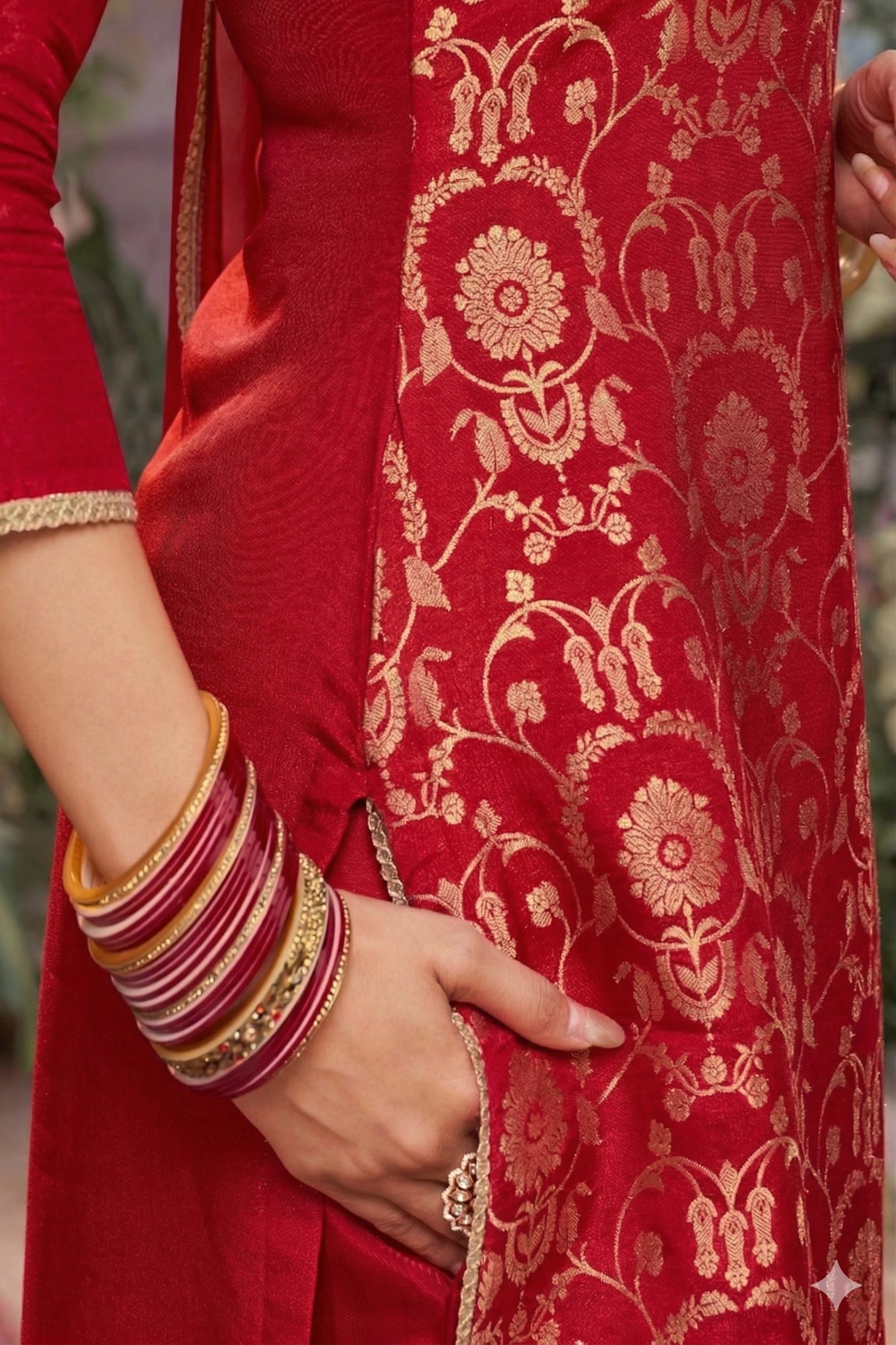 Hot Red Embellished Brocade Silk Pant Set