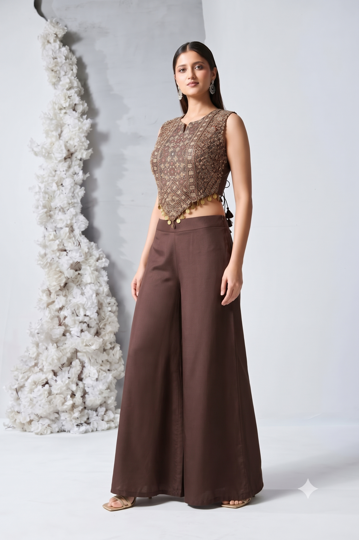 Cocoa Brown Embellished Crepe Silk Palazzo Set