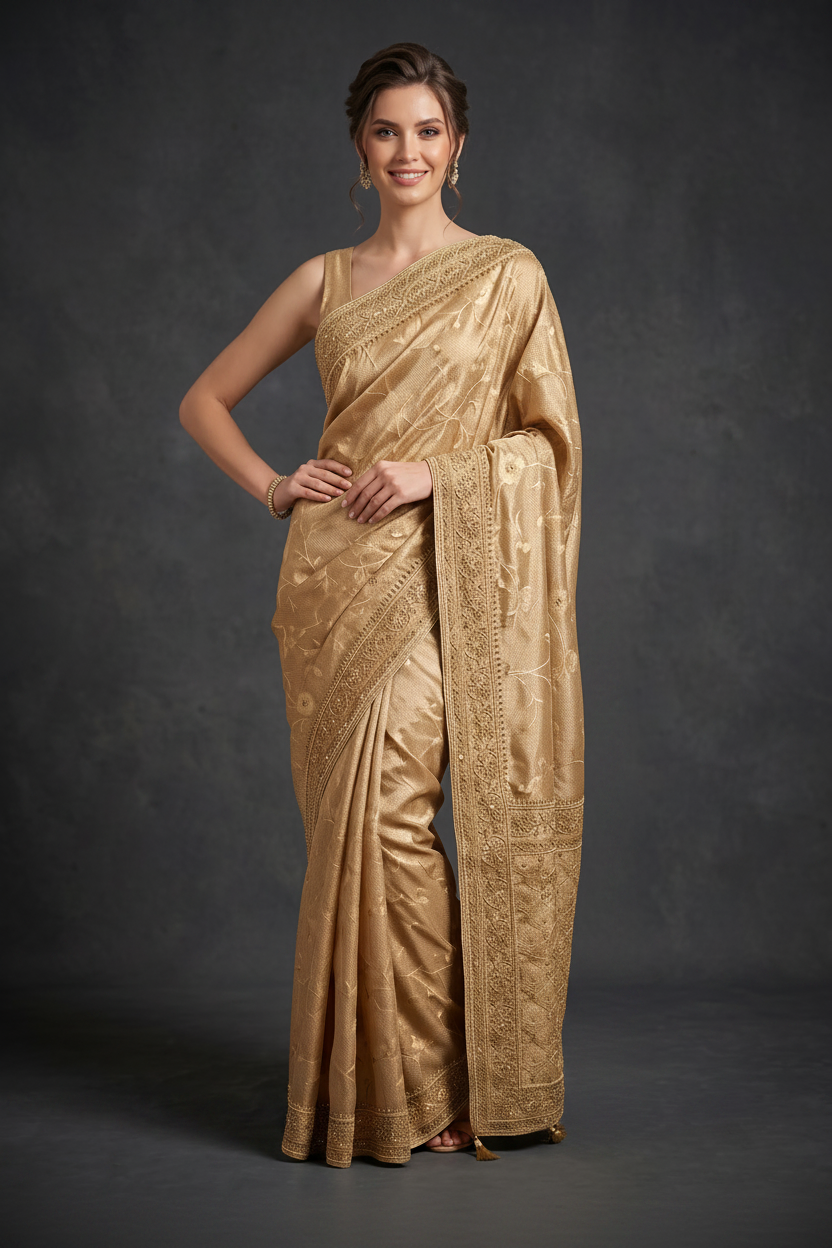 Imperial Golden Embellished Banarasi Crepe Silk Saree