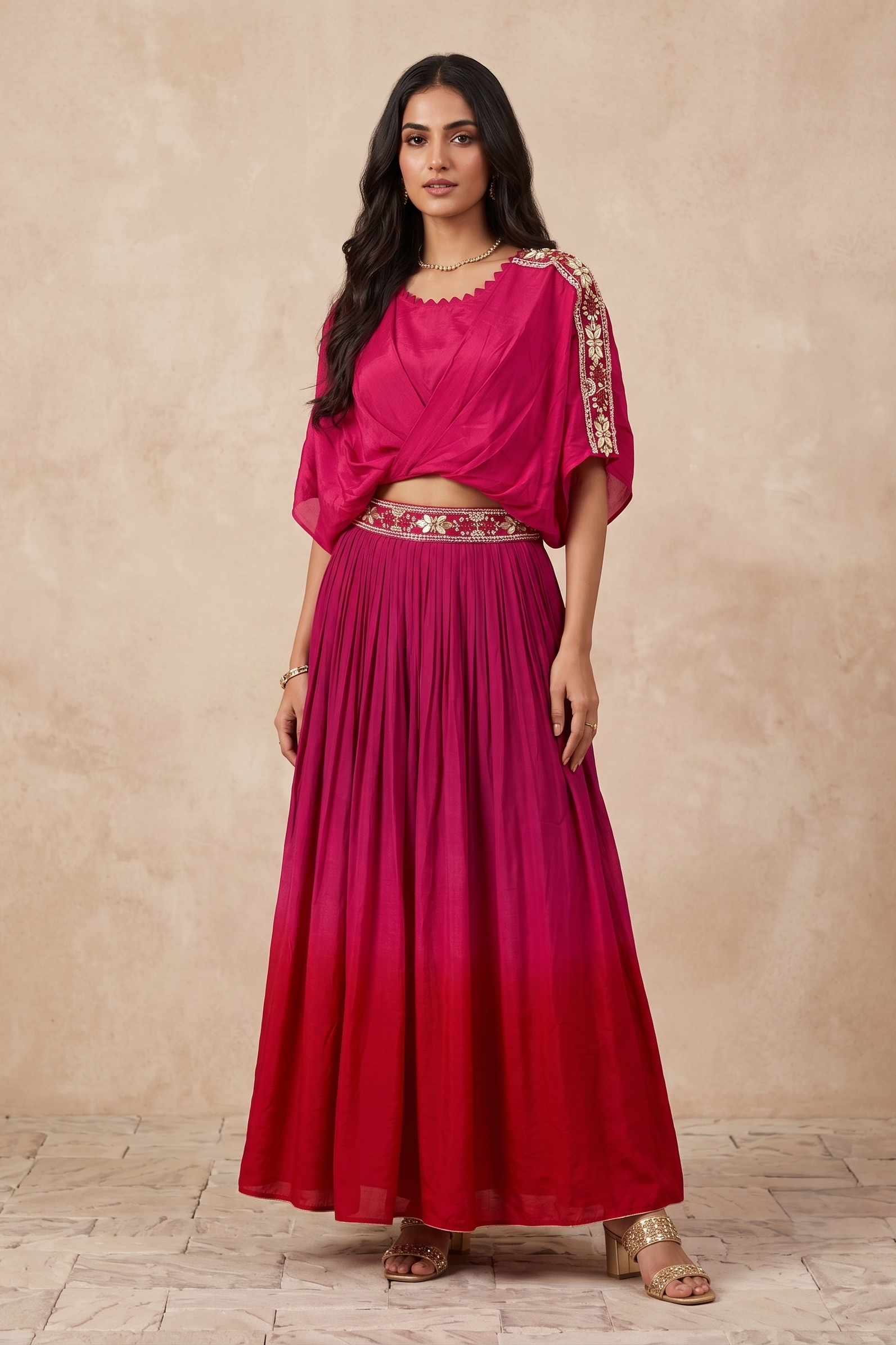 Rani Pink Embellished Crepe Silk Skirt Set