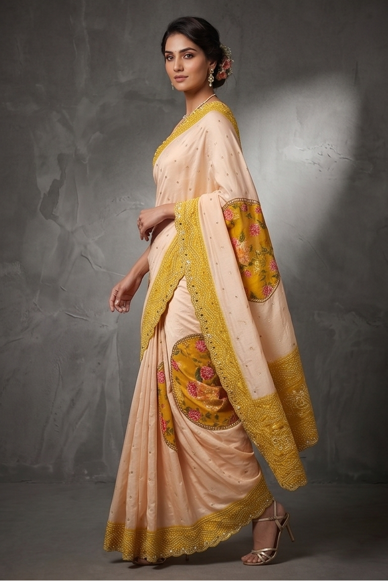 Peach Yellow Bandhni Printed Crepe Silk Saree
