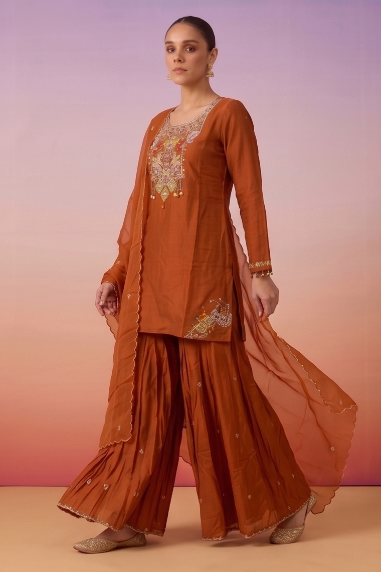 Sunset Orange Embellished Crepe Silk Sharara Set