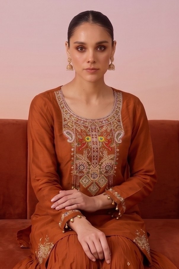 Sunset Orange Embellished Crepe Silk Sharara Set