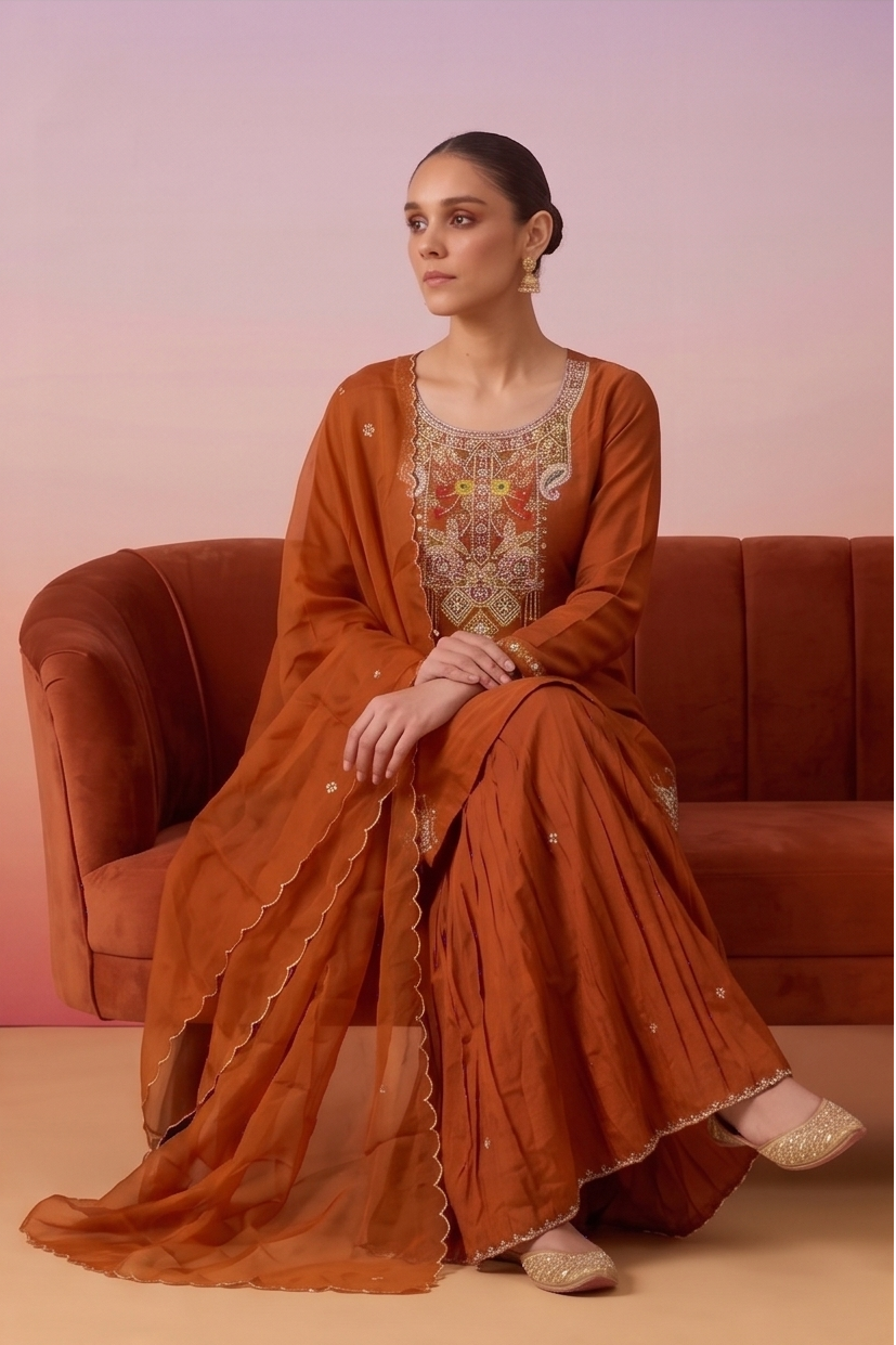 Sunset Orange Embellished Crepe Silk Sharara Set