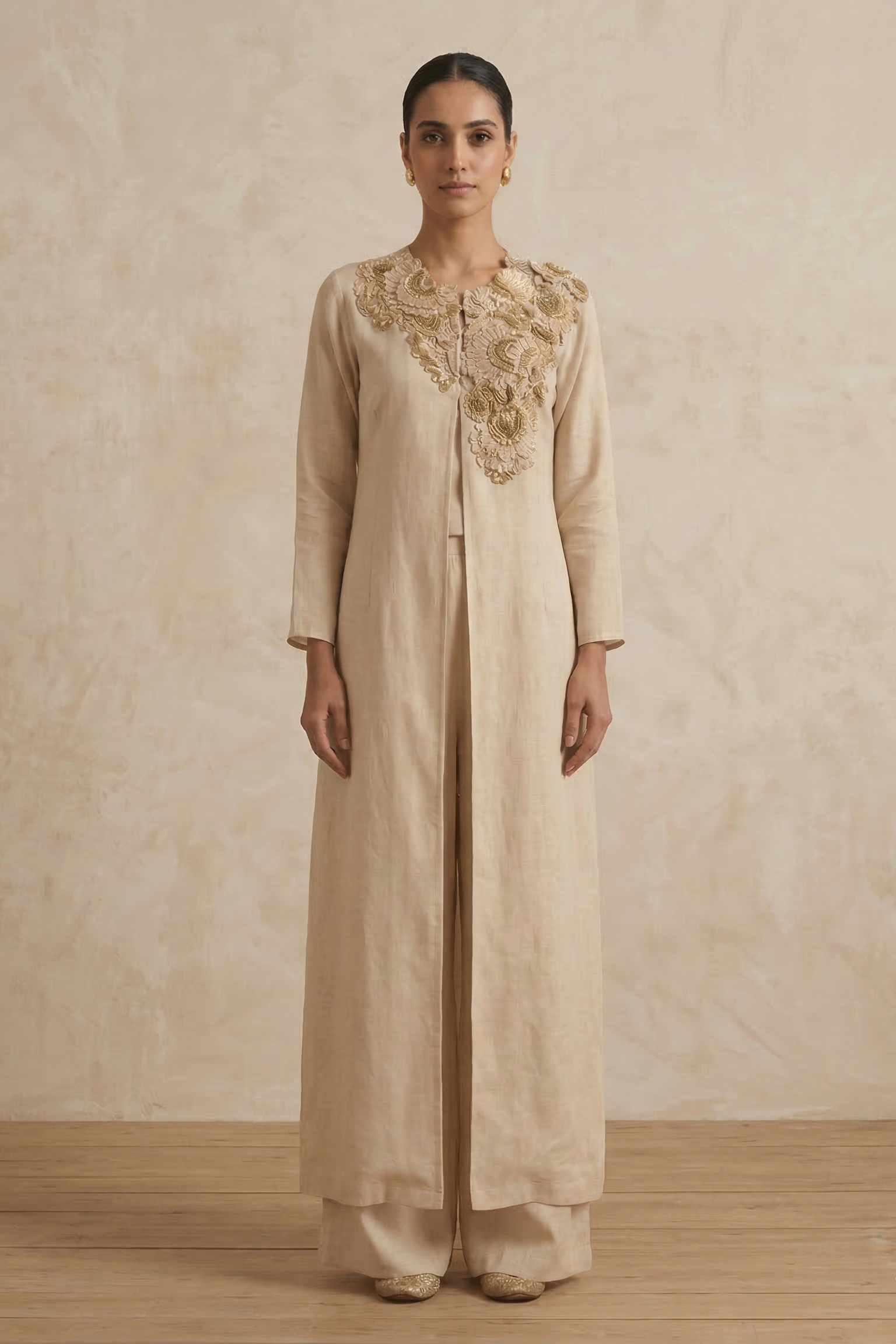 Ivory Pearl Embellished Chinon Silk Jacket Gown Set