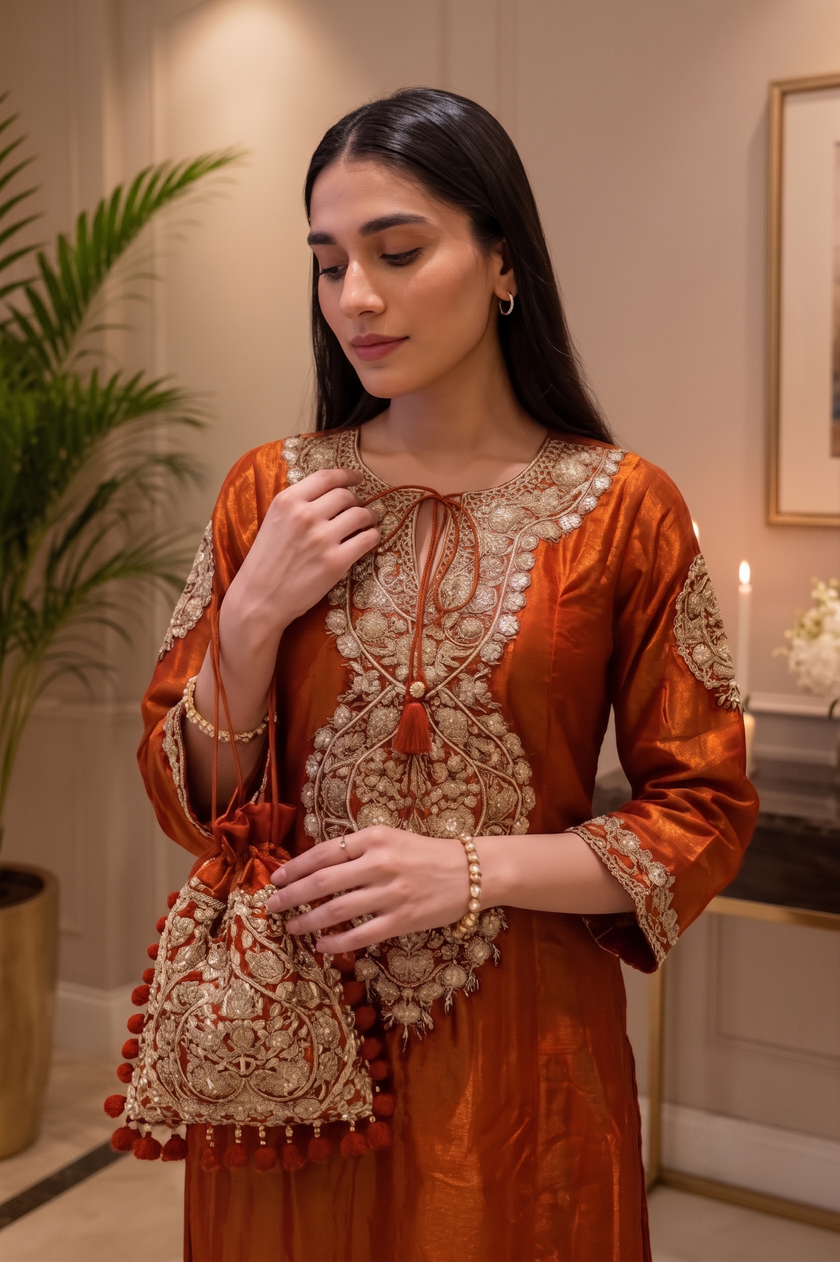 Rich Burnt Orange Embellished Shimmer Tissue Silk Pant Set
