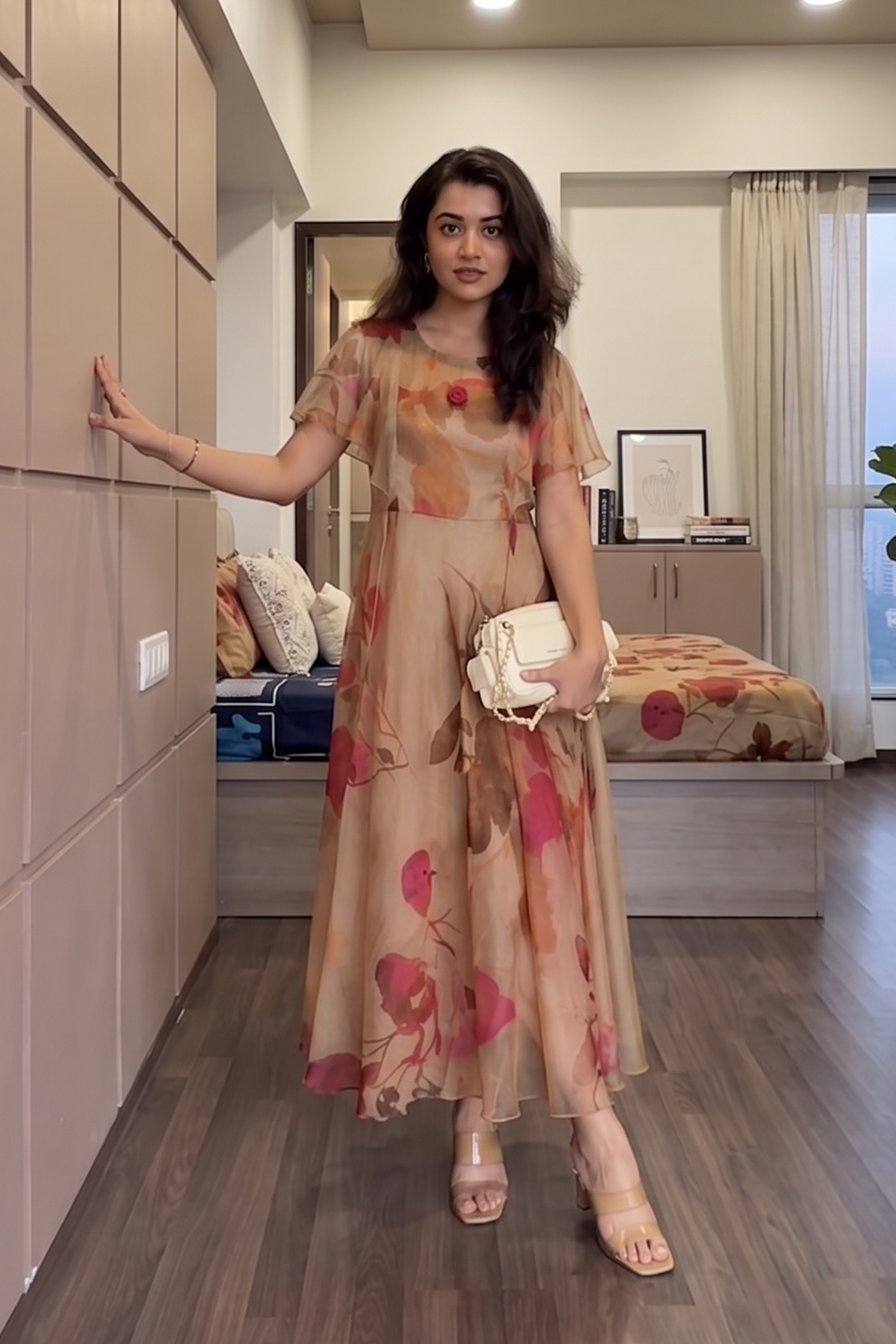 Beige Printed Chiffon Dress