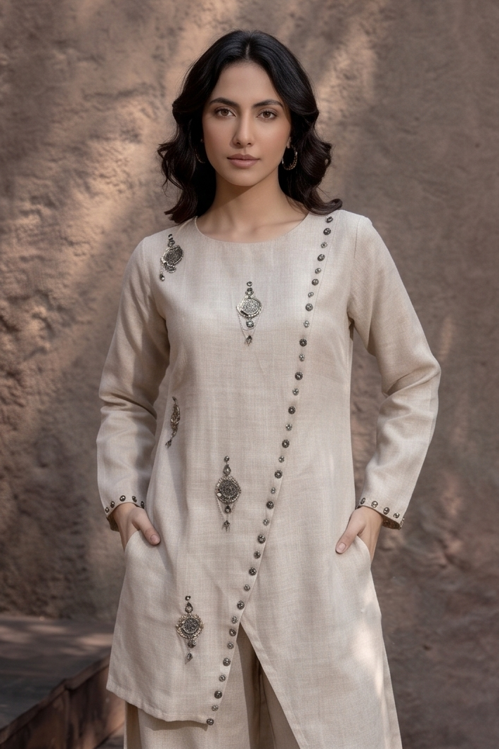 Light Beige Embellished Linen Co-Ord Set
