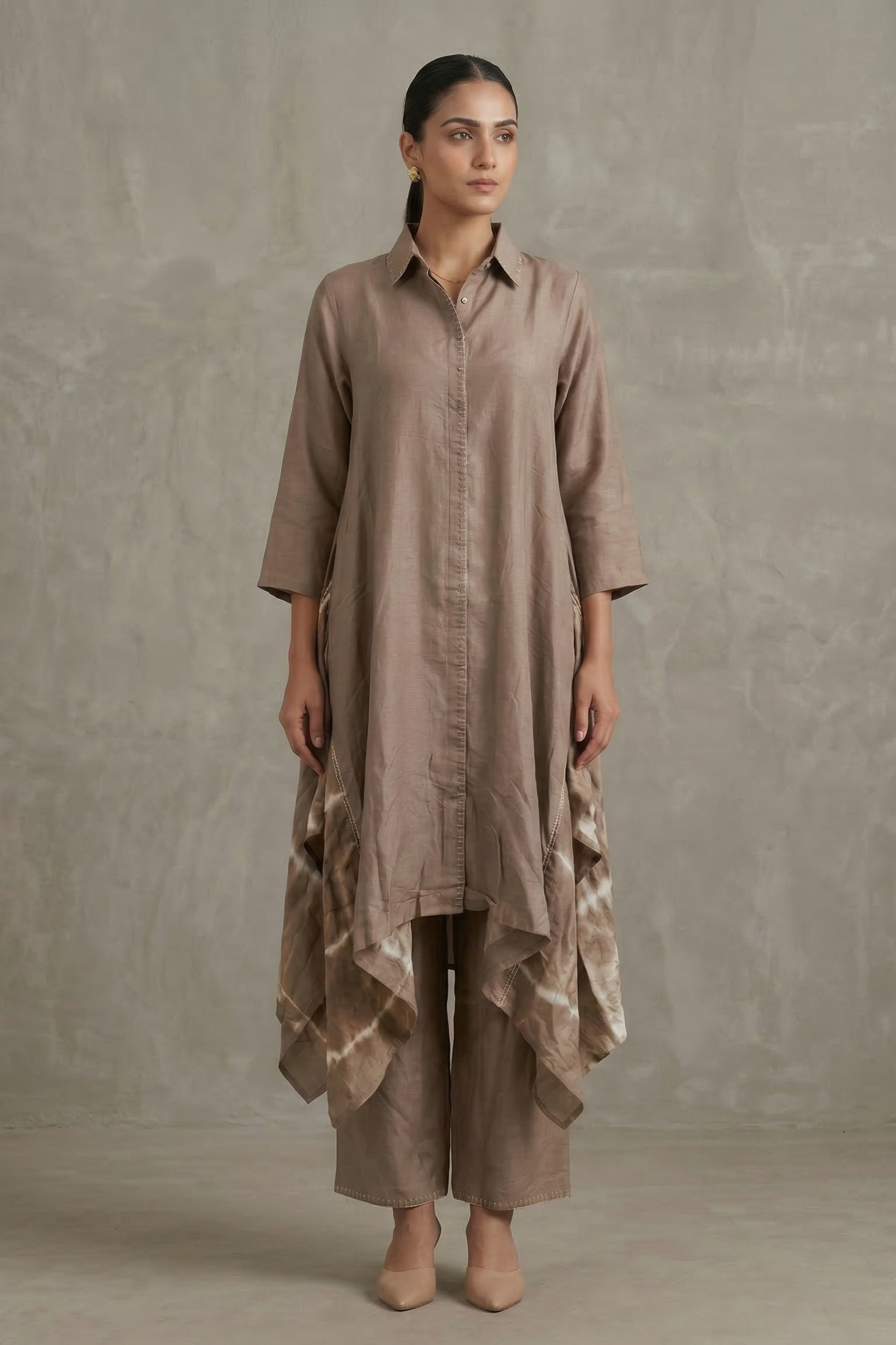 Mocha Brown Leheriya Printed Raw Silk Kurta Set