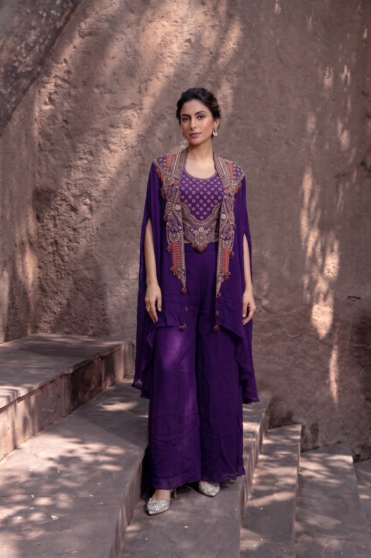 Royal Purple Embellished Chinon Silk Cape Set