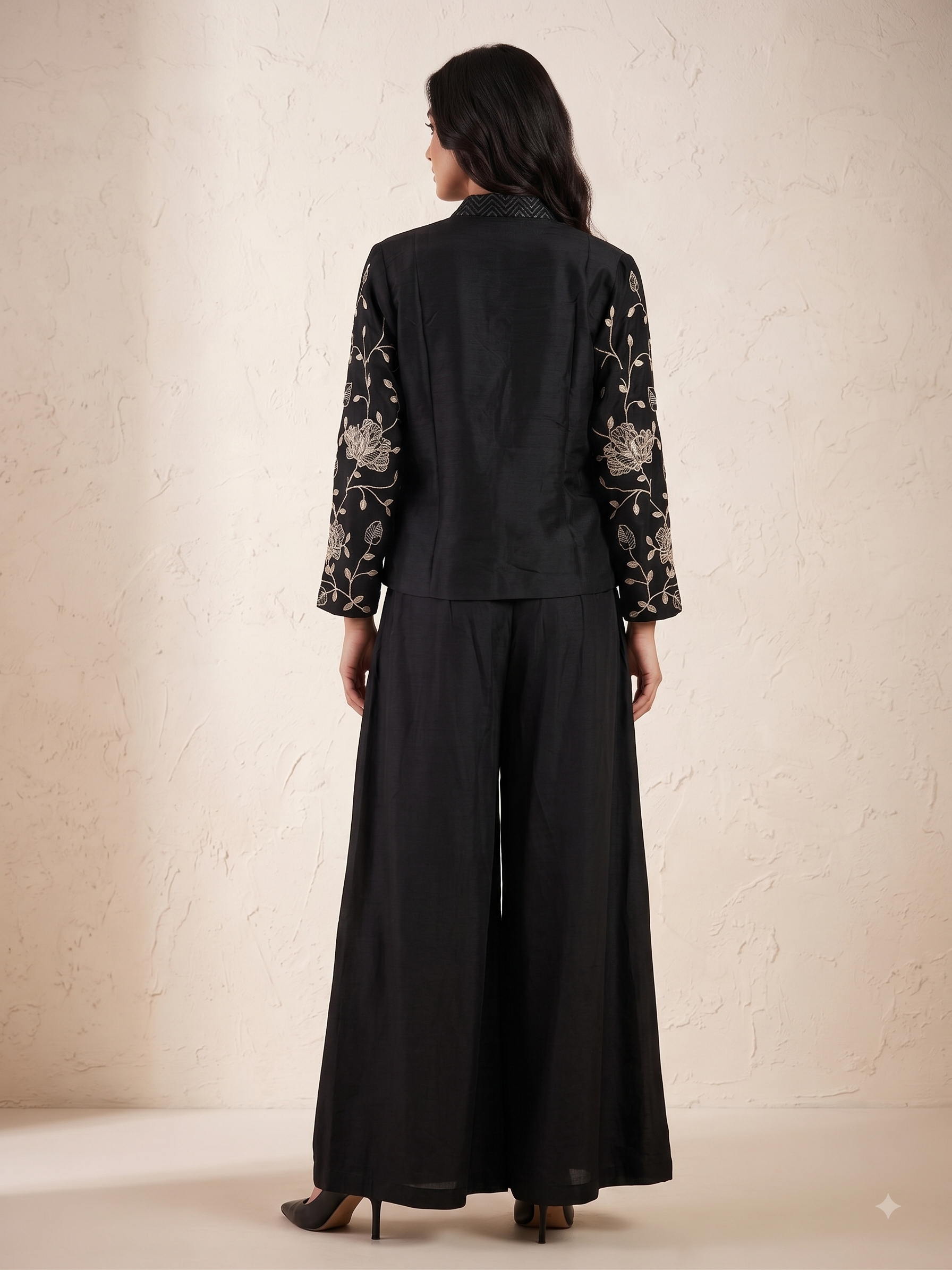 Classic Black Embellished Chinon Silk Palazzo Set