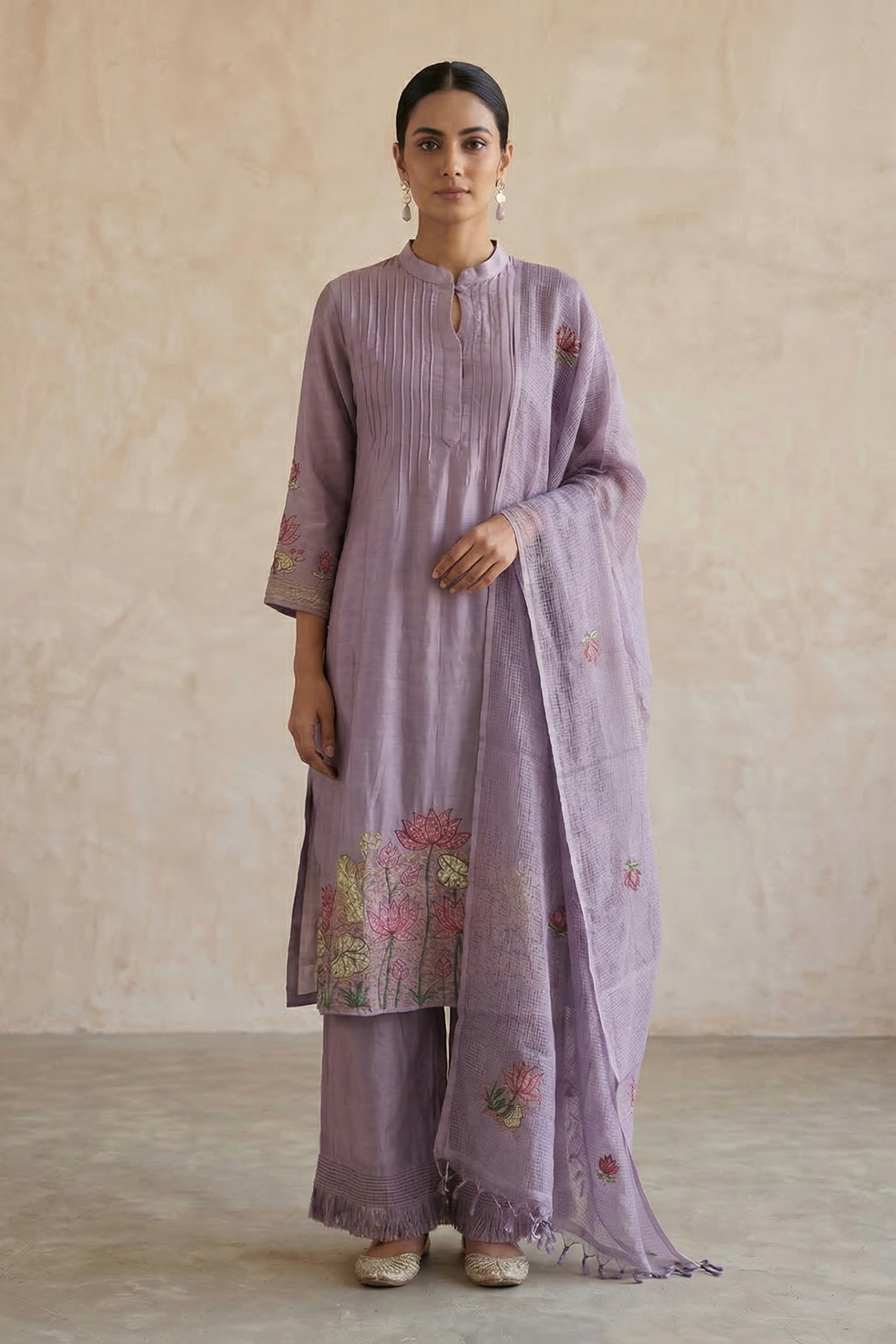 Lavender Lotus Embroidered Chanderi Silk Pant Set