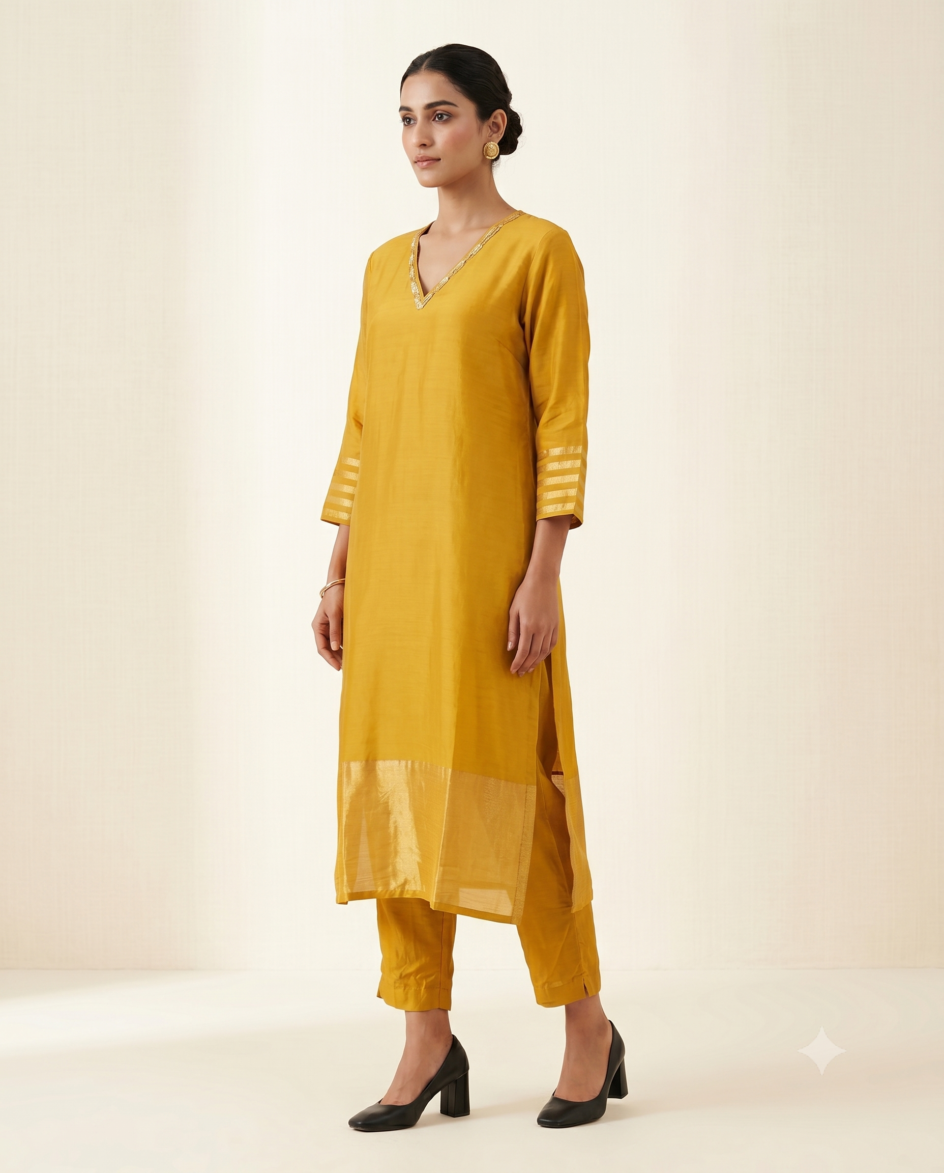 Mustard Yellow Chinon Silk Kurta Set