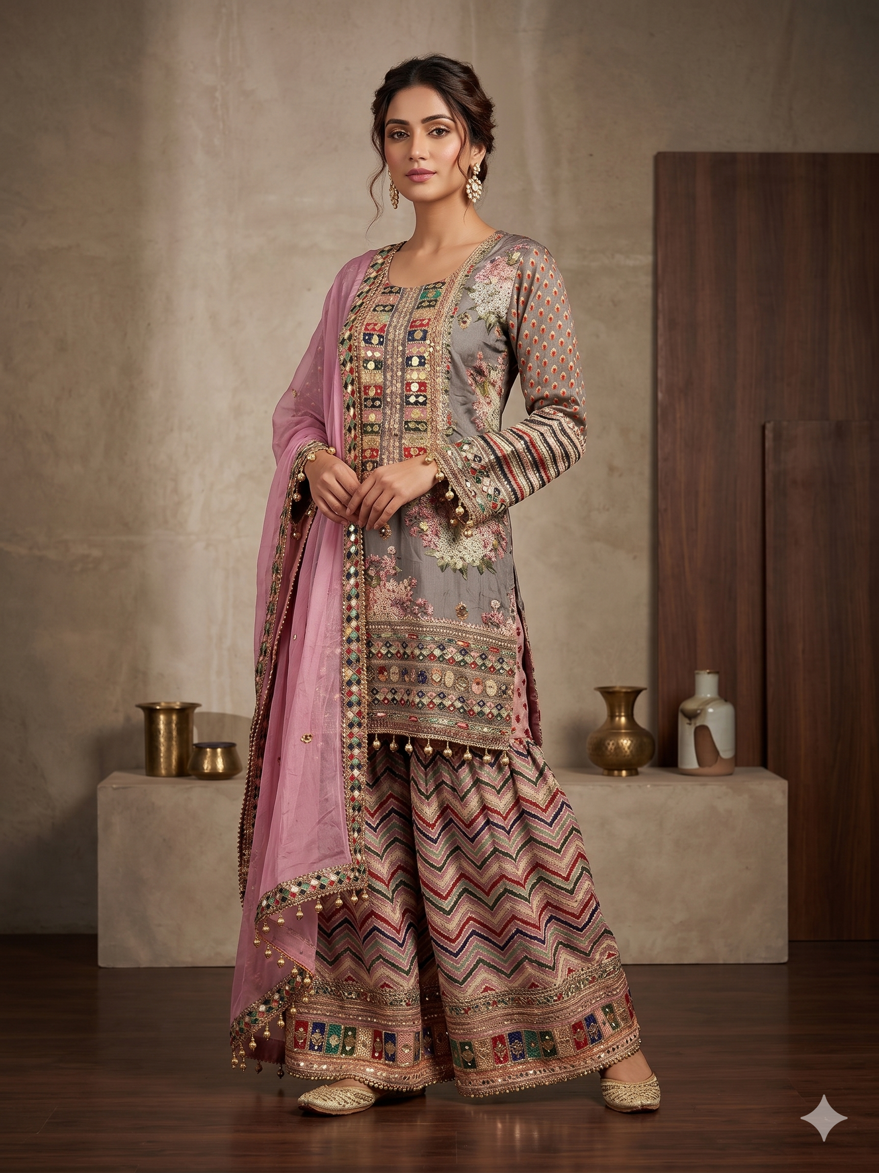Slate Rose Embellished Sharara Set