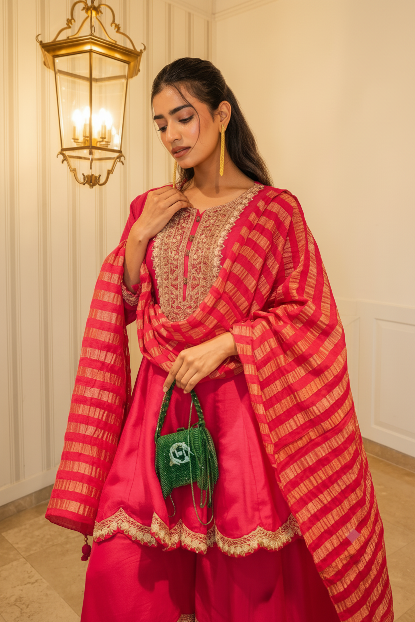 Fuchsia Grace Embellished Premium Silk Palazzo Set