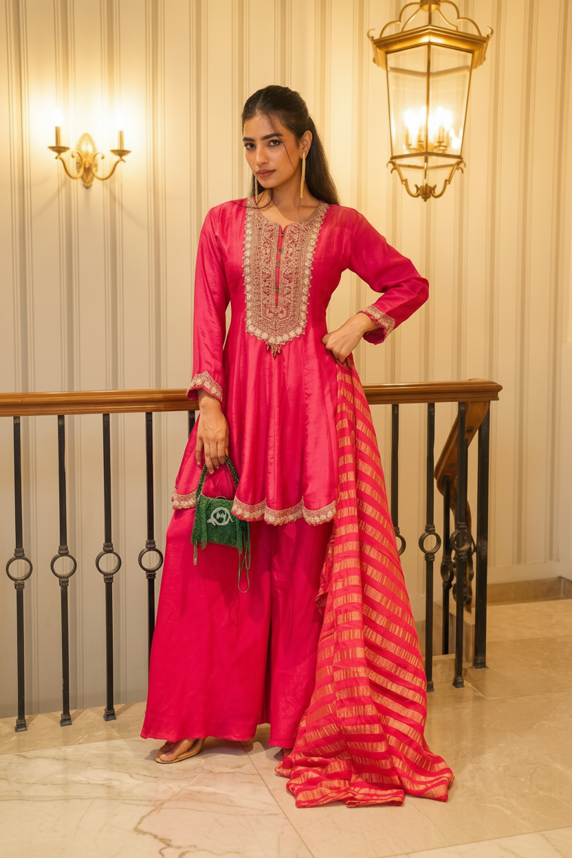 Fuchsia Grace Embellished Premium Silk Palazzo Set