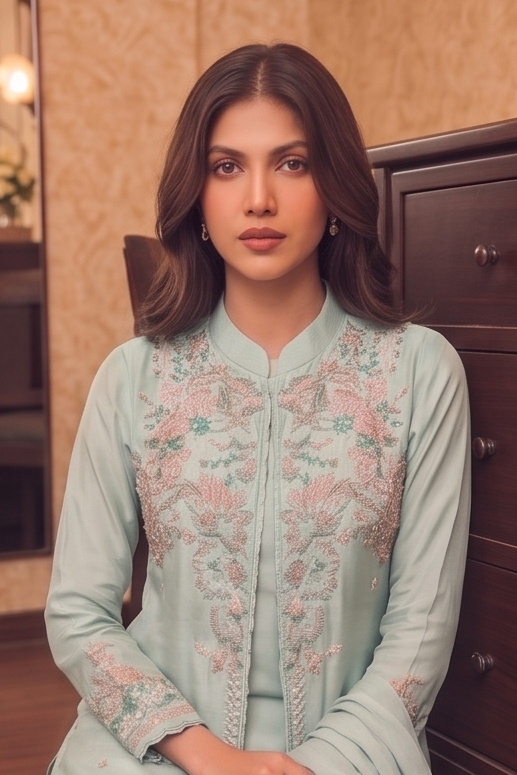 Powder Blue Embellished Chinon Silk Palazzo Set
