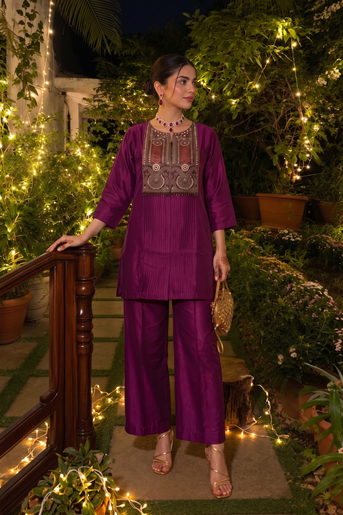 Luxe Wine Embellished Dola Silk Co-Ord Set