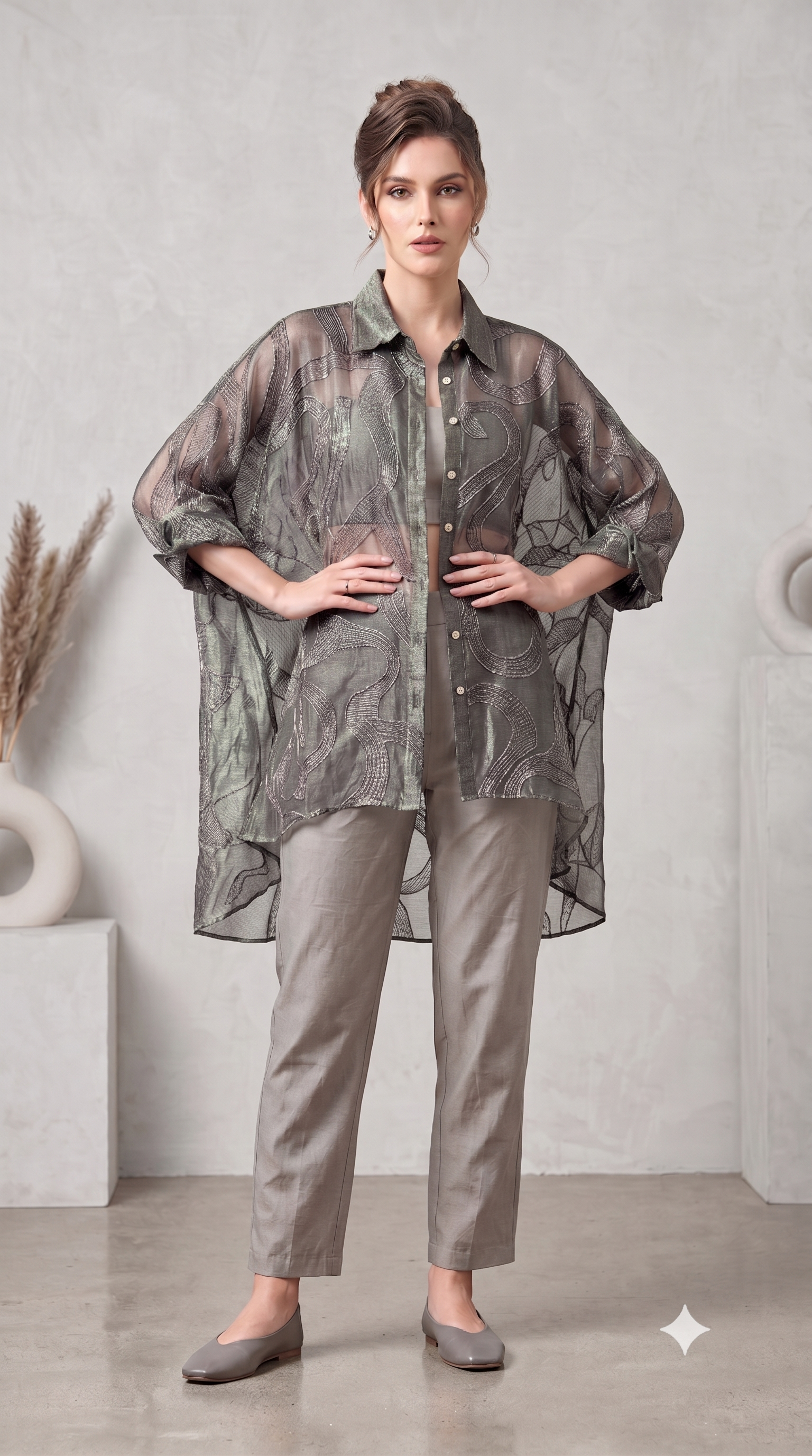 Sterling Grey Embroidered Organza Silk Co-Ord Set