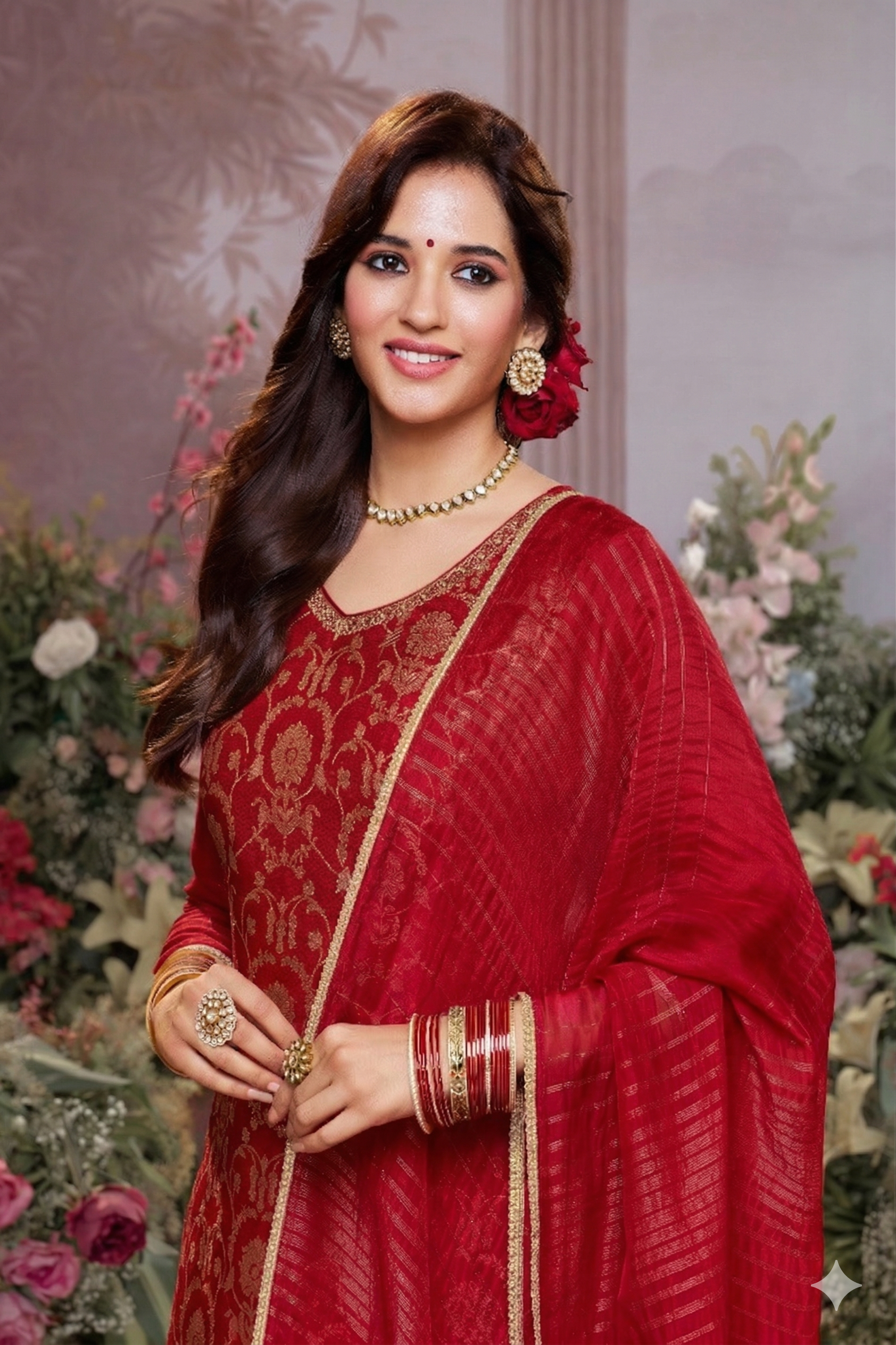 Hot Red Embellished Brocade Silk Pant Set
