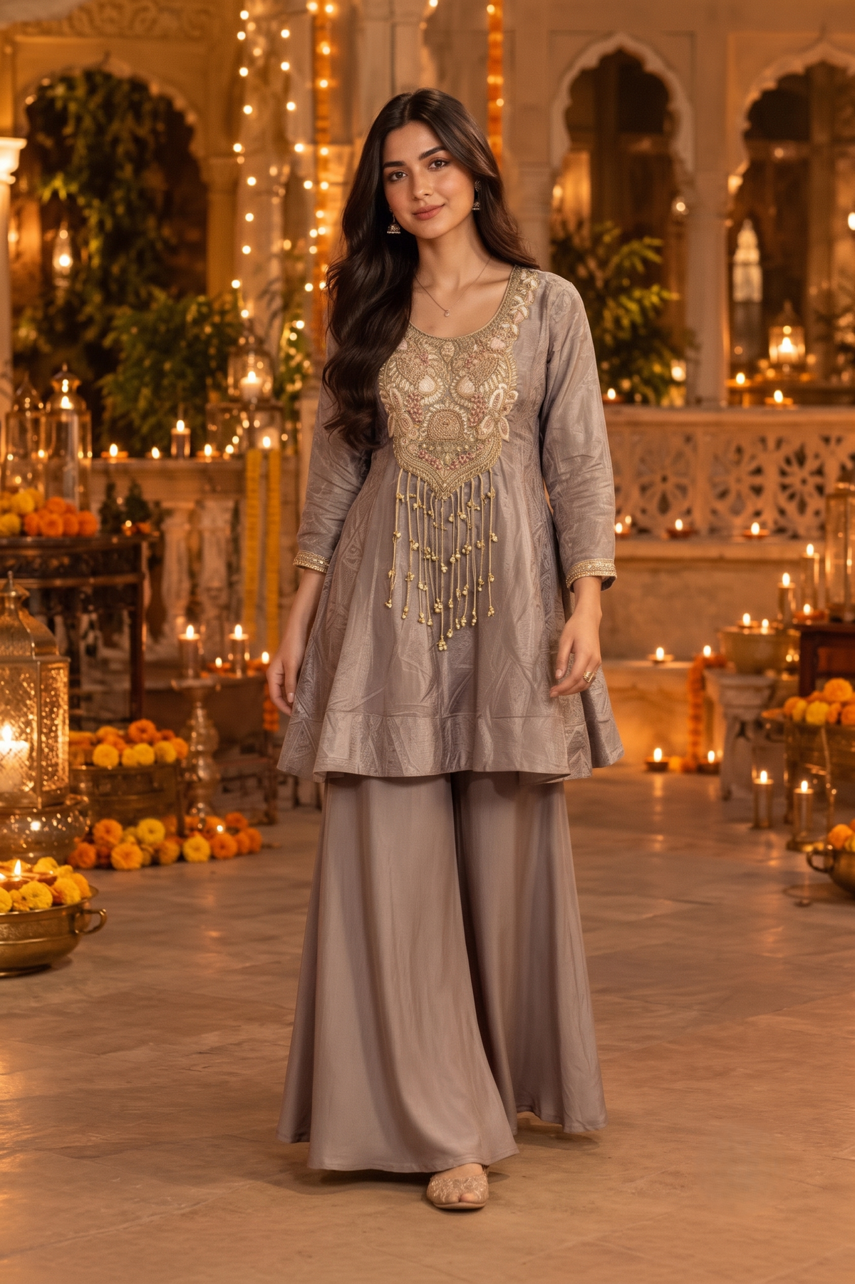 Lavender Grey Embellished Shimmer Silk Palazzo Set