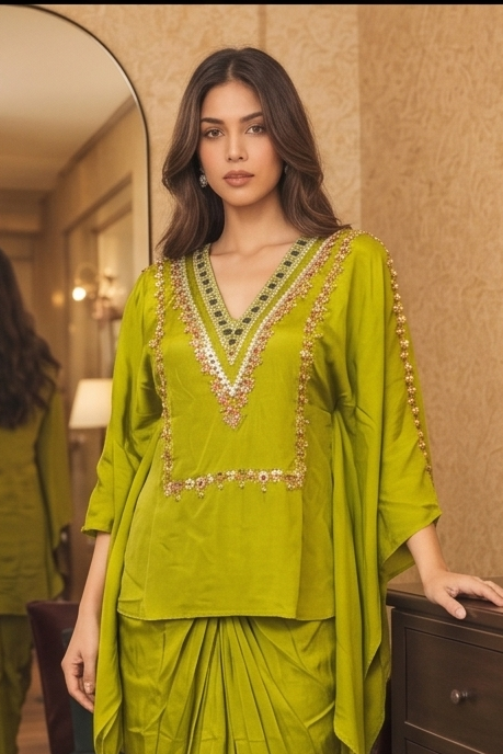 Light Green Embellished Crepe Silk Skirt Set