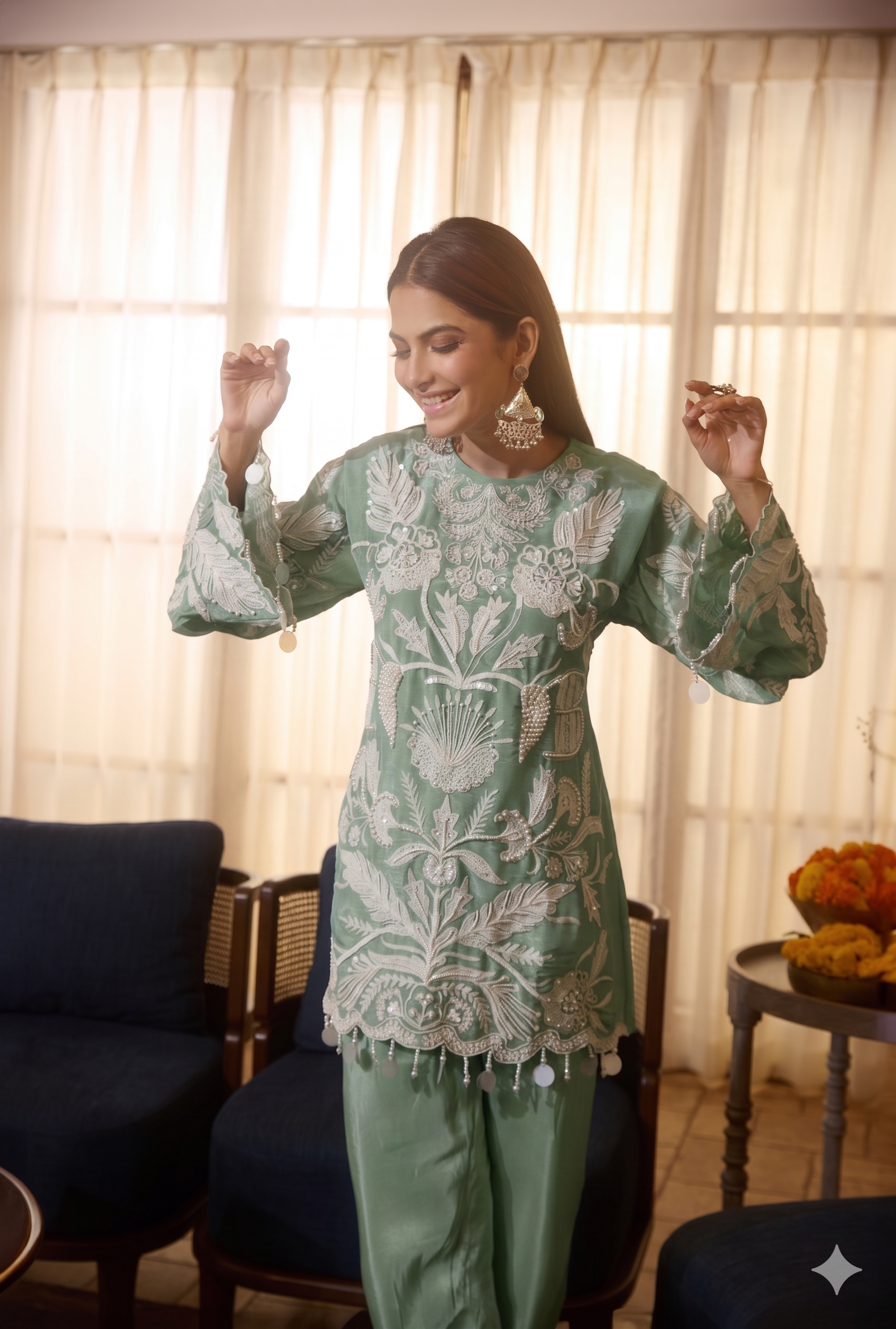 Sage Green Organza Silk Co-Ord Set