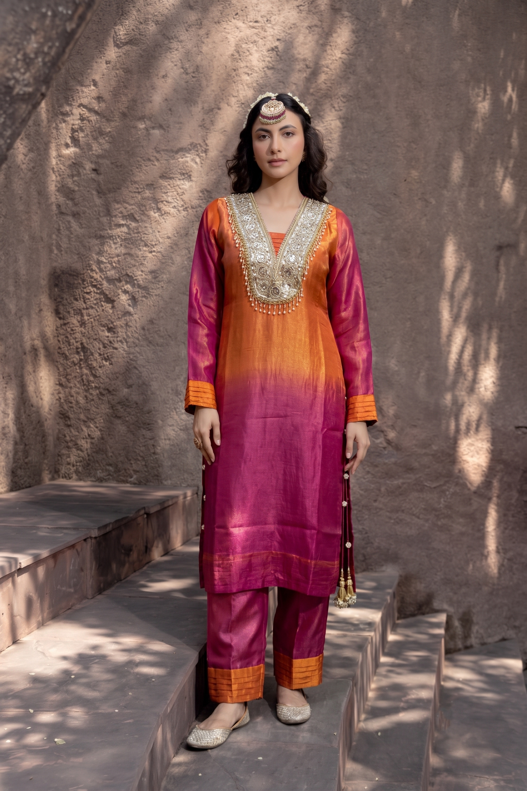 Vibrant Orange & Pink Ombre Shimmer Silk Kurta Set
