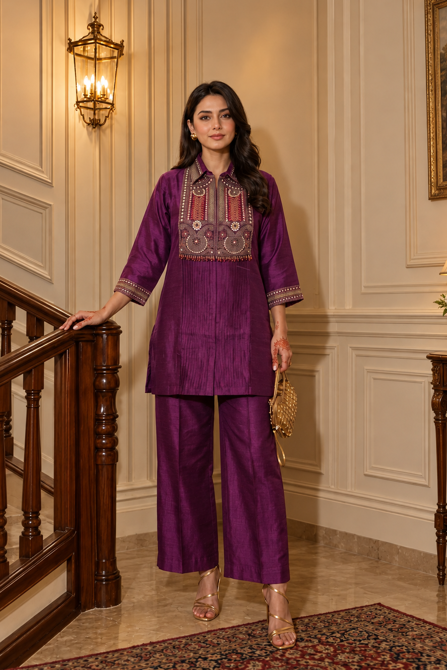 Luxe Wine Embellished Dola Silk Co-Ord Set