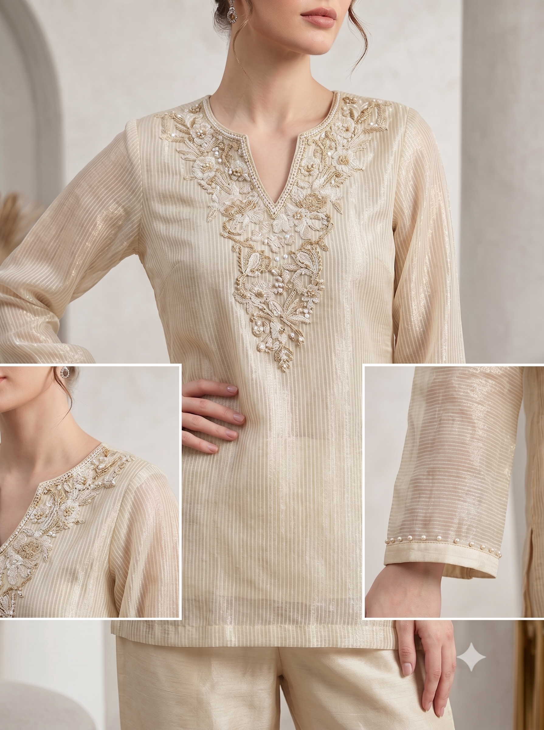 Champagne Ivory Shimmer Tissue Silk Co-Ord Set
