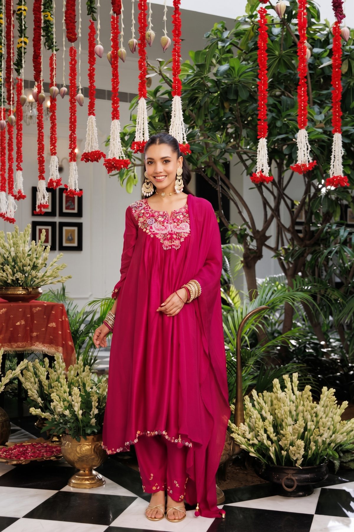Magenta Pink Embellished Crepe Silk Anarkali Set