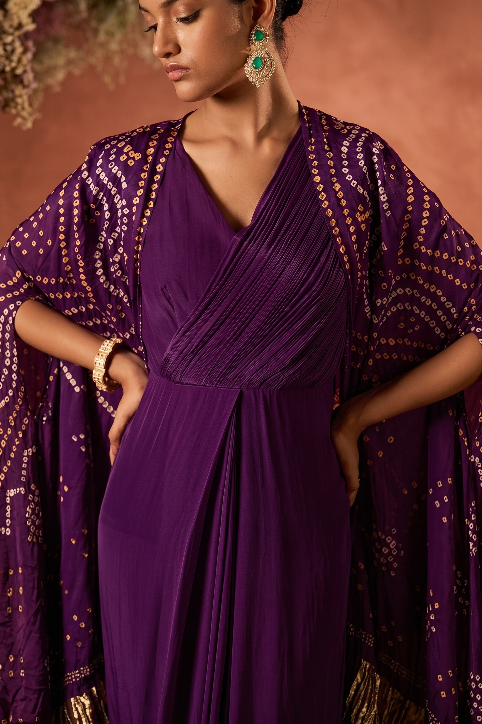Wine Purple Embellished Satin Silk Draped Gown