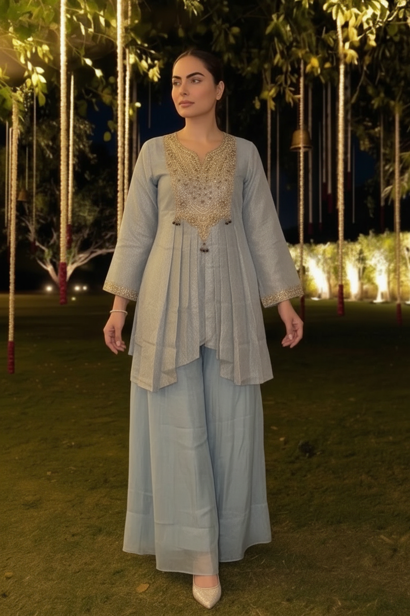 Baby Blue Embellished Brocade Silk Palazzo Set