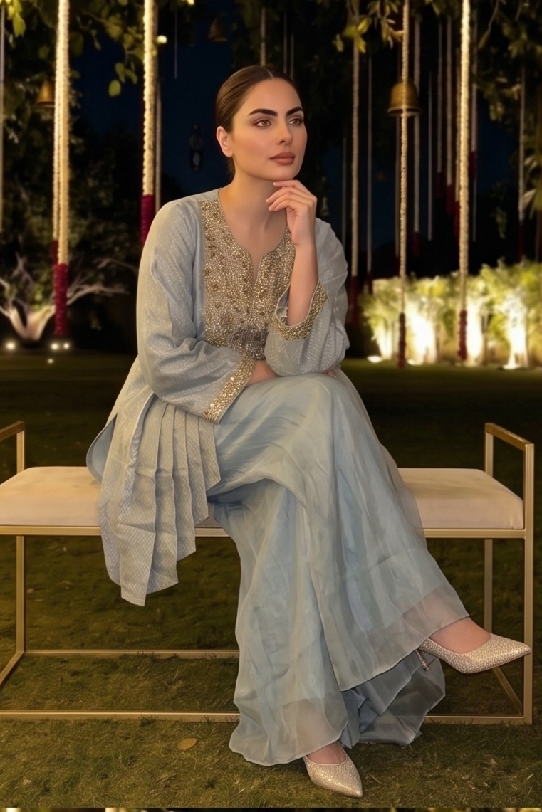 Baby Blue Embellished Brocade Silk Palazzo Set