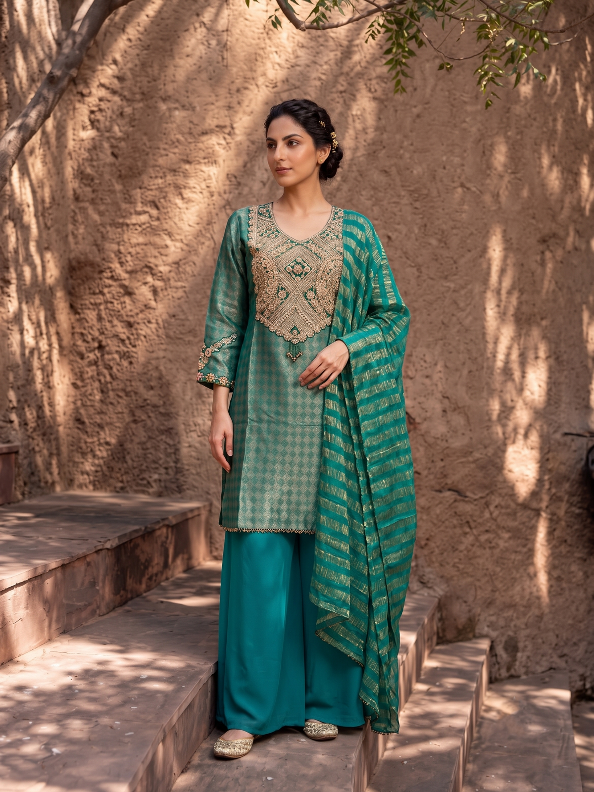 Emerald Green Embellished Tissue Silk Palazzo Set