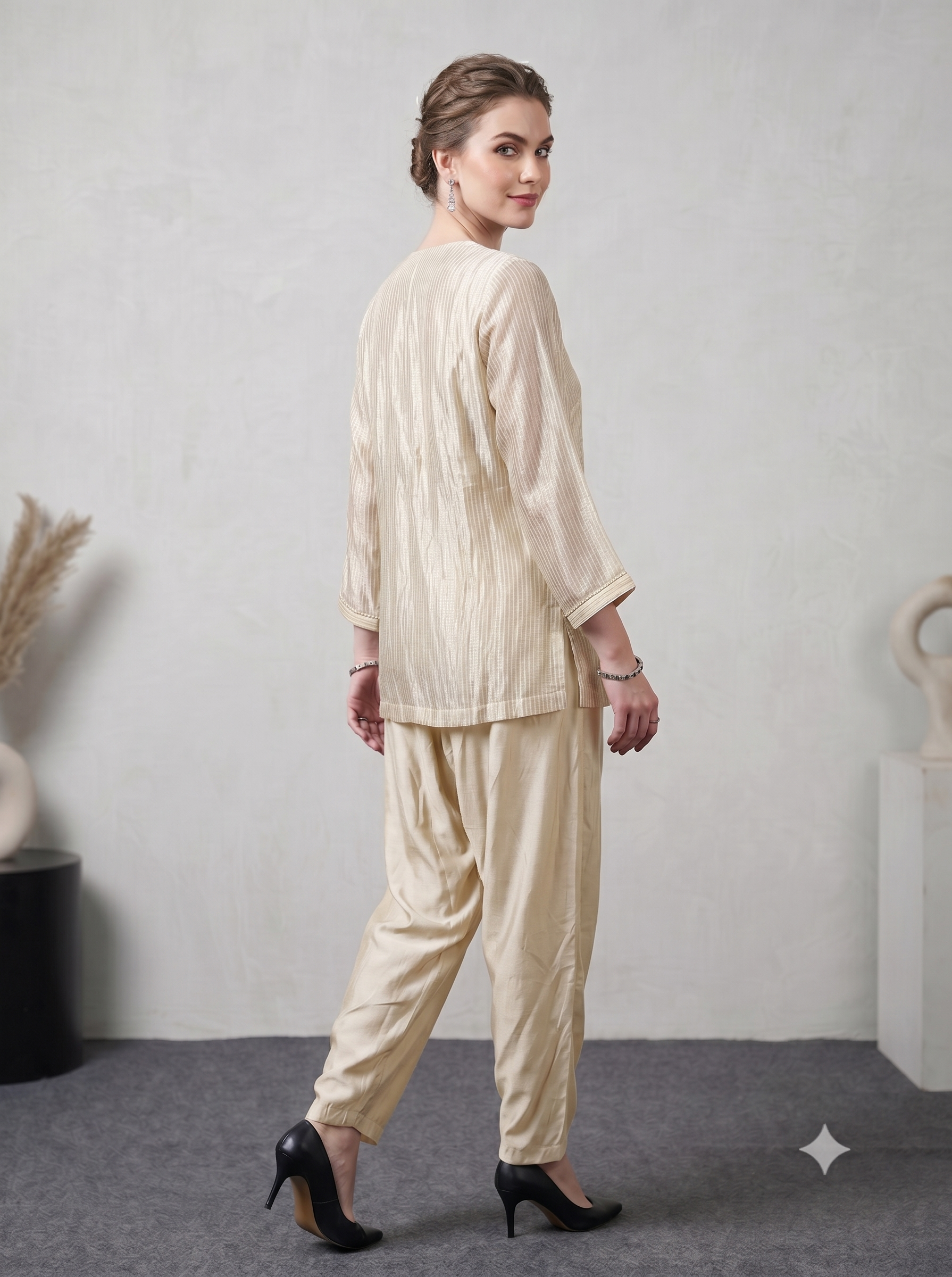 Champagne Ivory Shimmer Tissue Silk Co-Ord Set