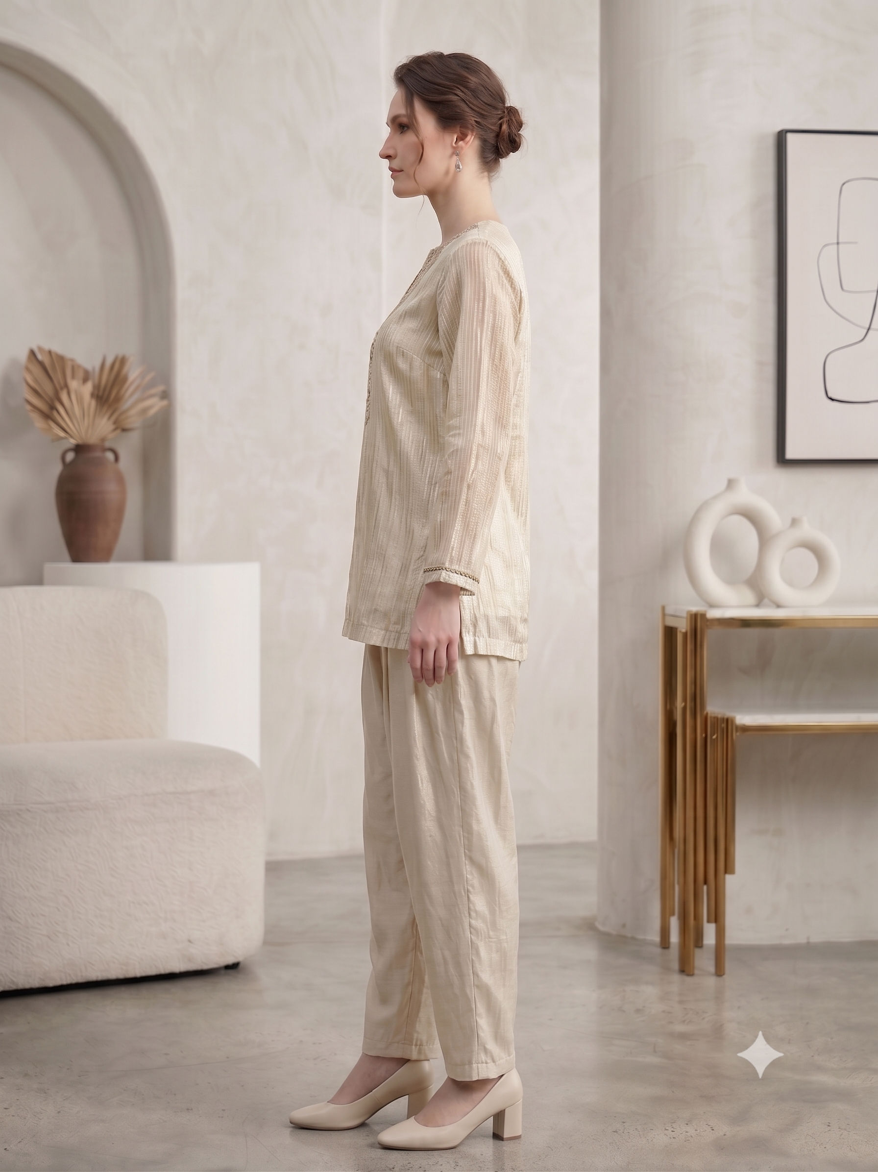 Champagne Ivory Shimmer Tissue Silk Co-Ord Set