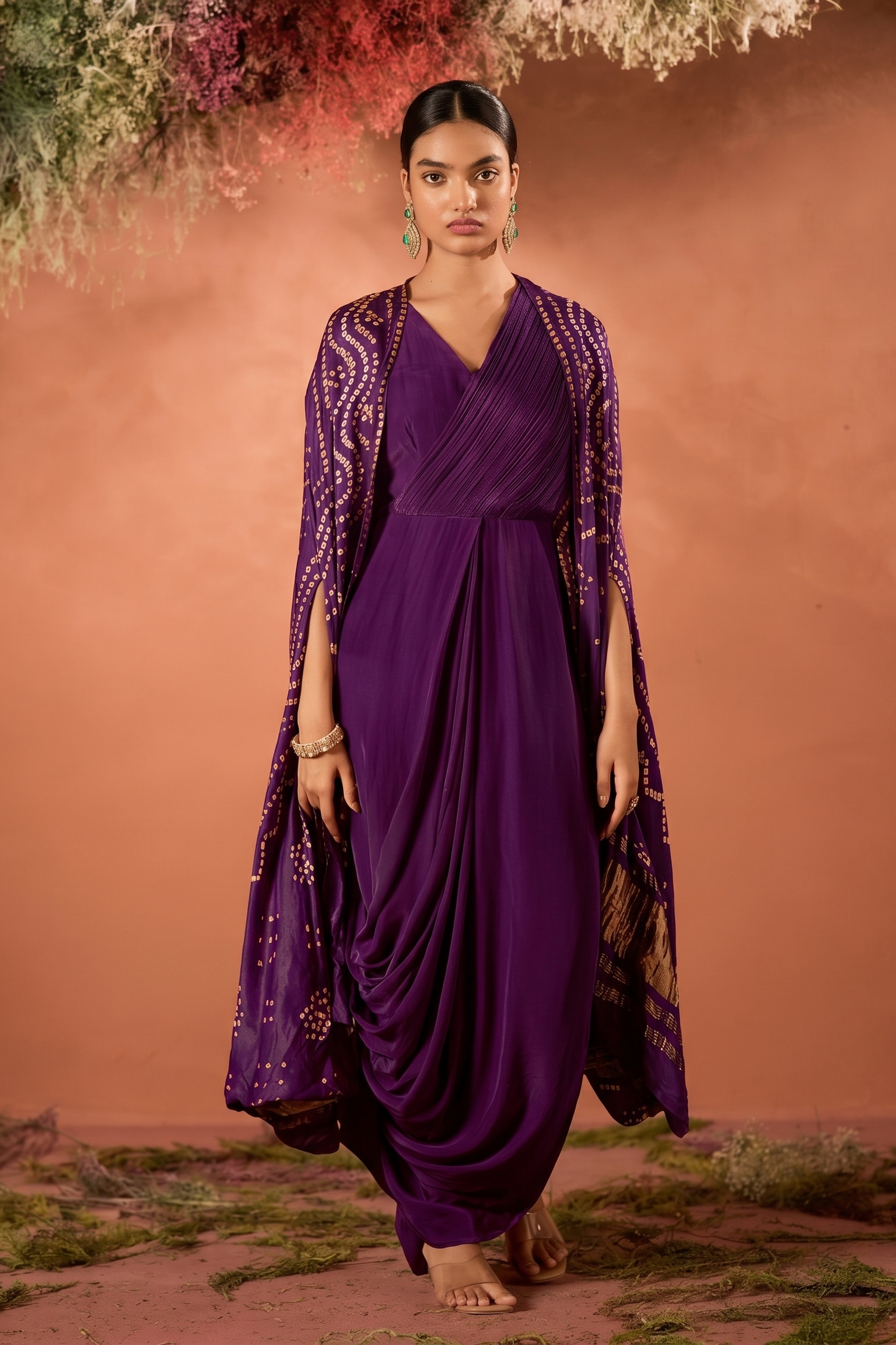 Wine Purple Embellished Satin Silk Draped Gown