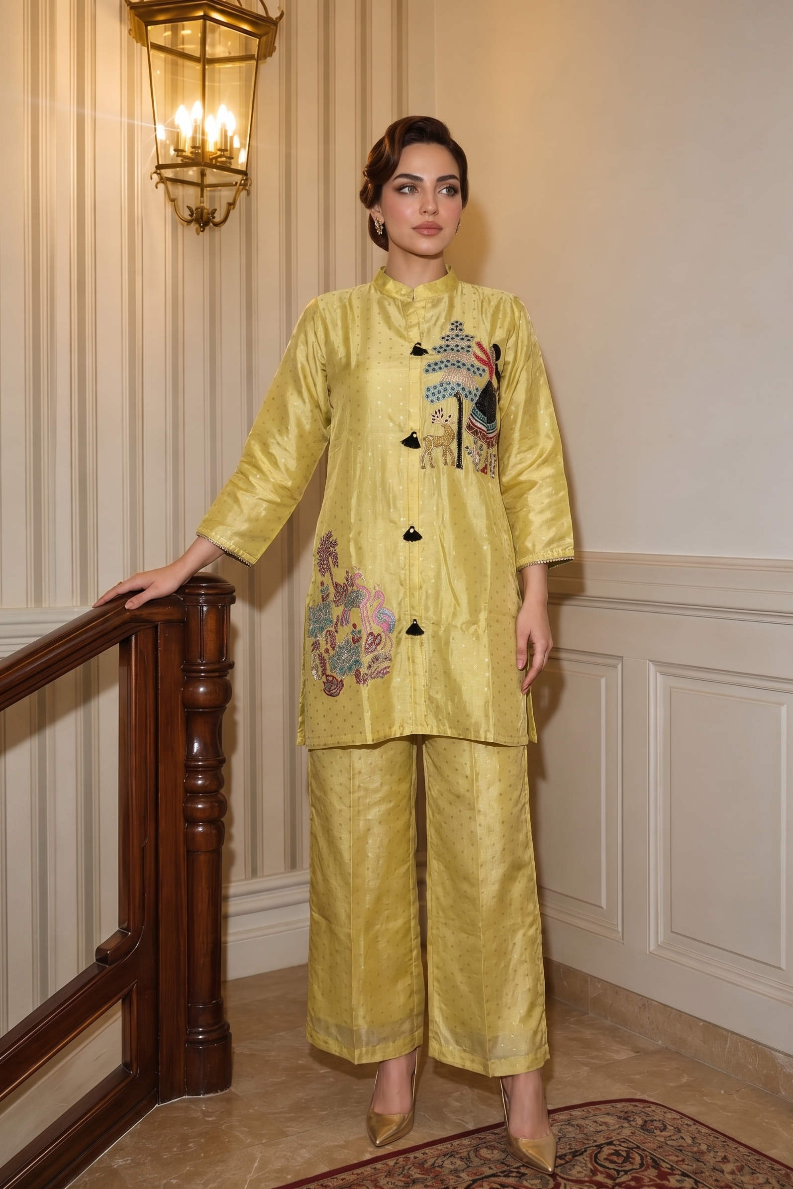 Butter Yellow Embellished Crepe Silk Pant Set
