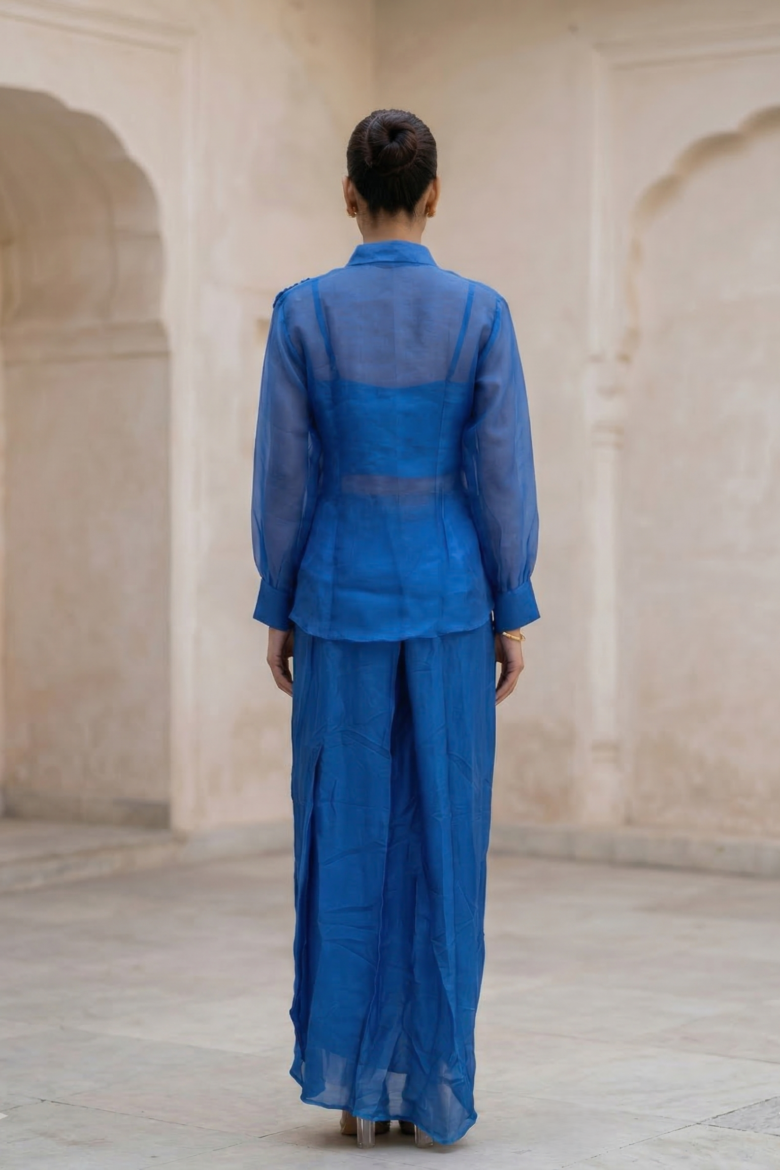 Cobalt Blue Embellished Organza Silk Jacket Skirt Set