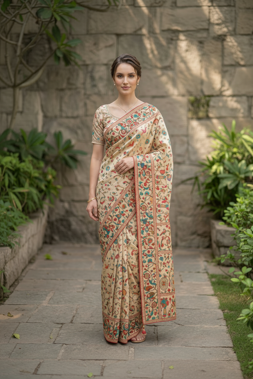 Royal Avian & Floral Embellished Pure Tissue Silk Saree