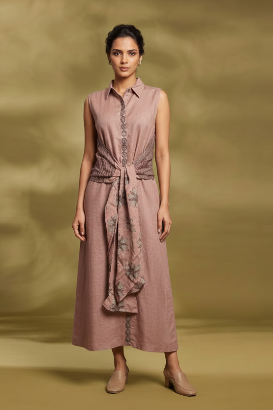 Dusty Pink Printed Bamboo Linen Dress