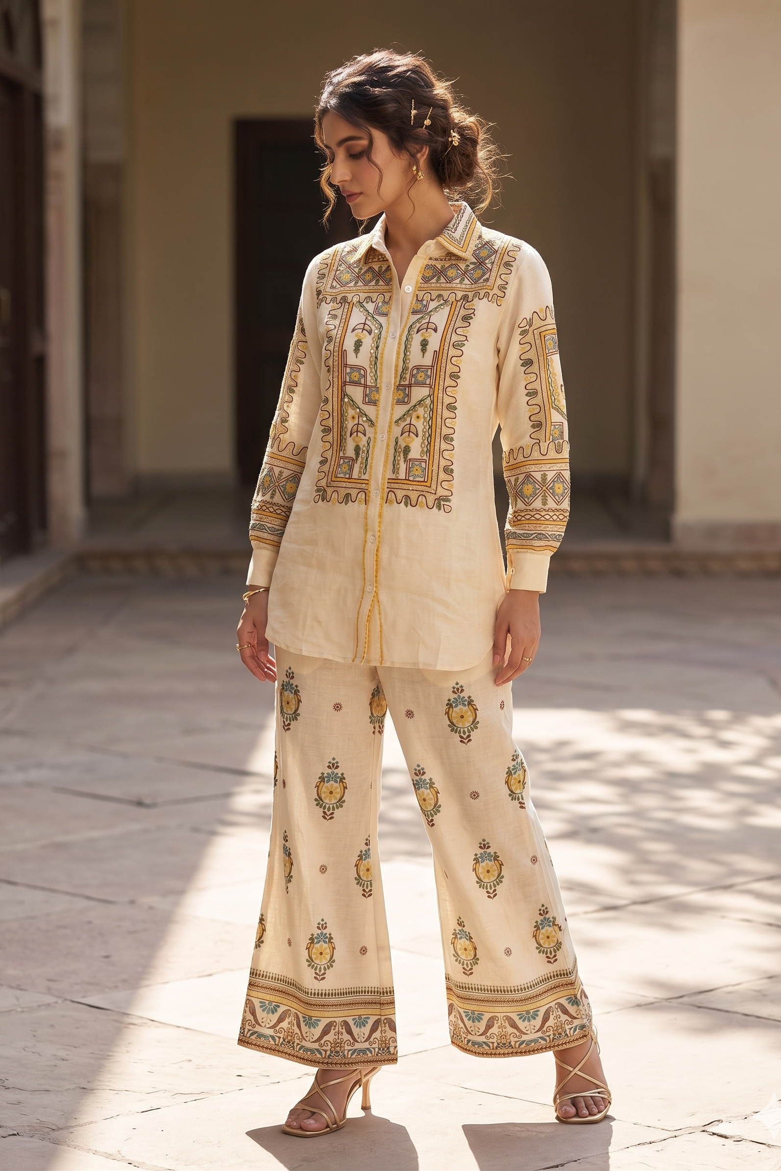 Cream Embroidered Cotton Co-ord Set