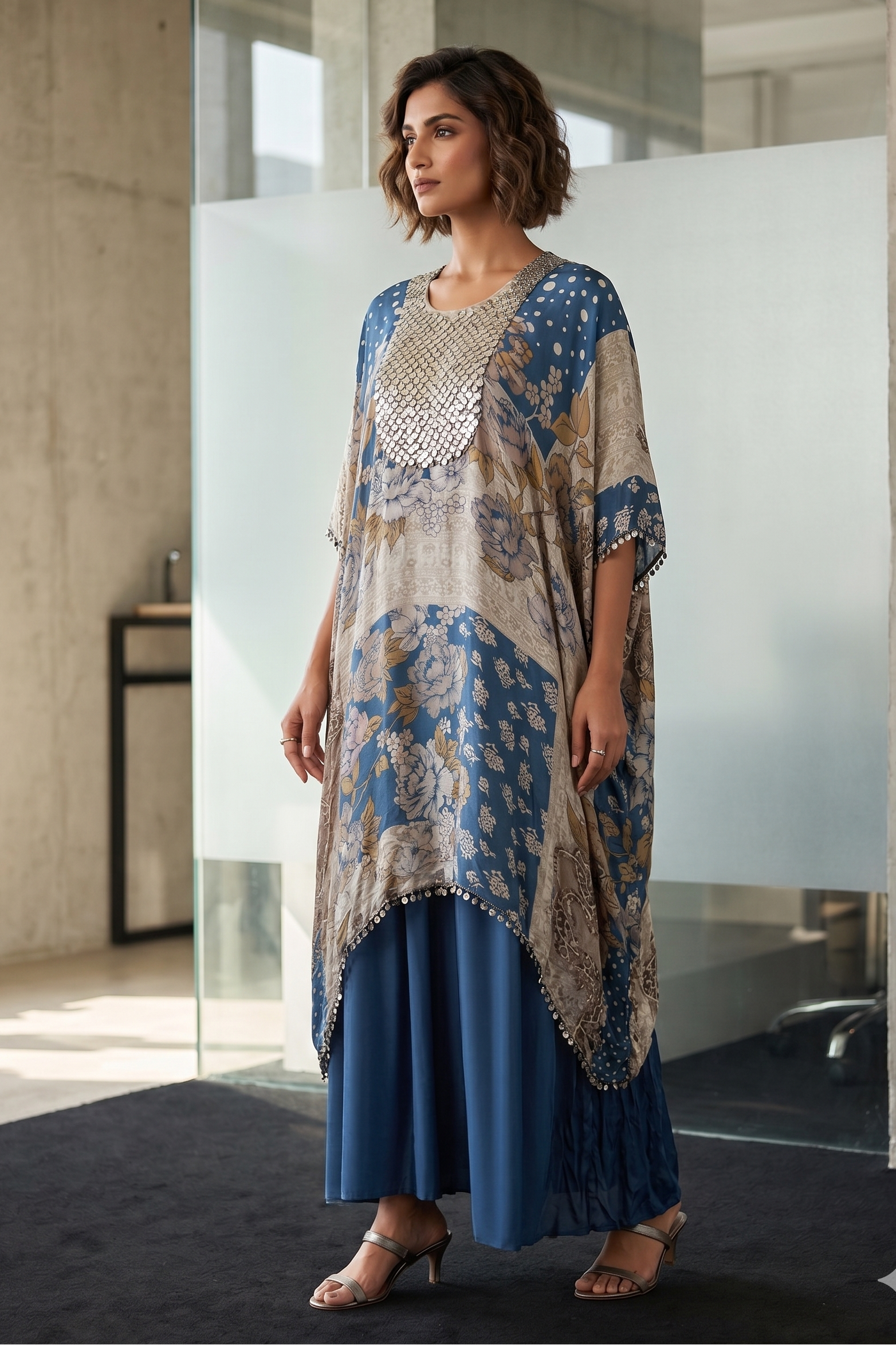 Dusty Blue Embellished Crepe Silk Skirt Set