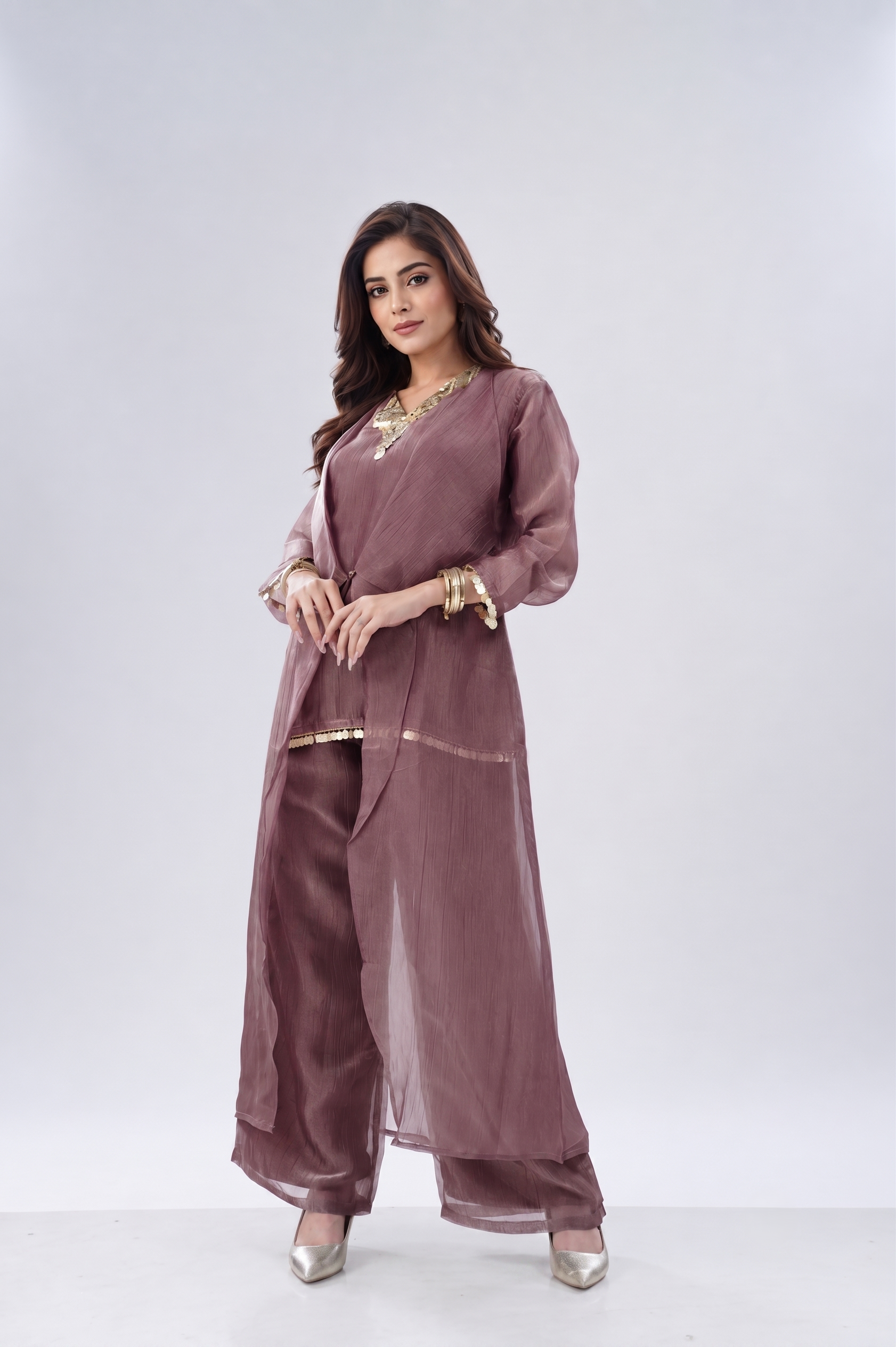Dusty Mauve Embellished Tissue Silk Co-ord Set