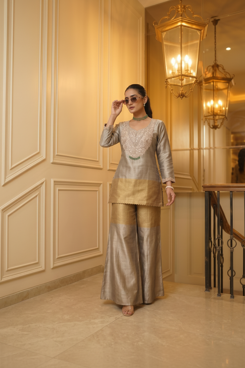 Champagne Noor Embellished Tissue Silk Palazzo Set