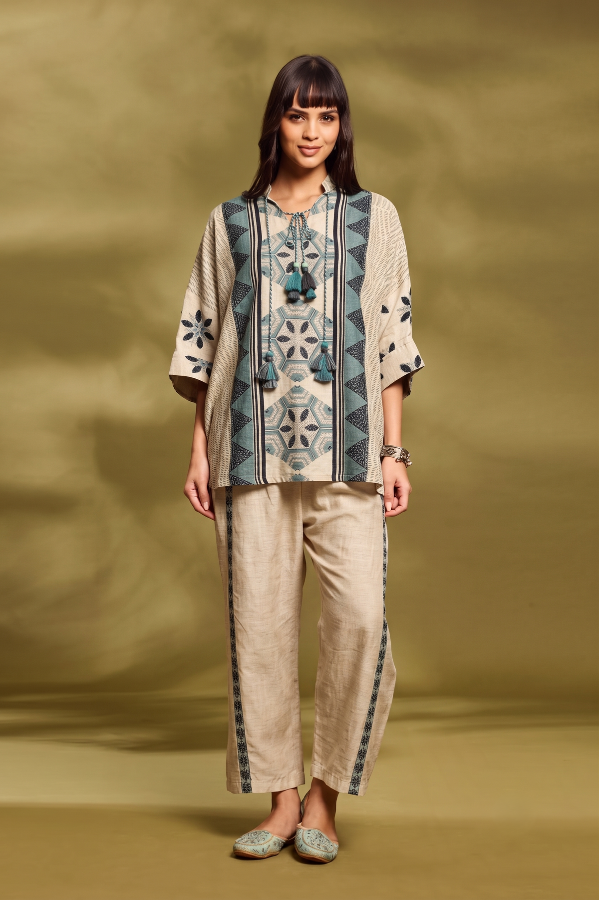 Light Beige Printed Bamboo Linen Co-Ord Set