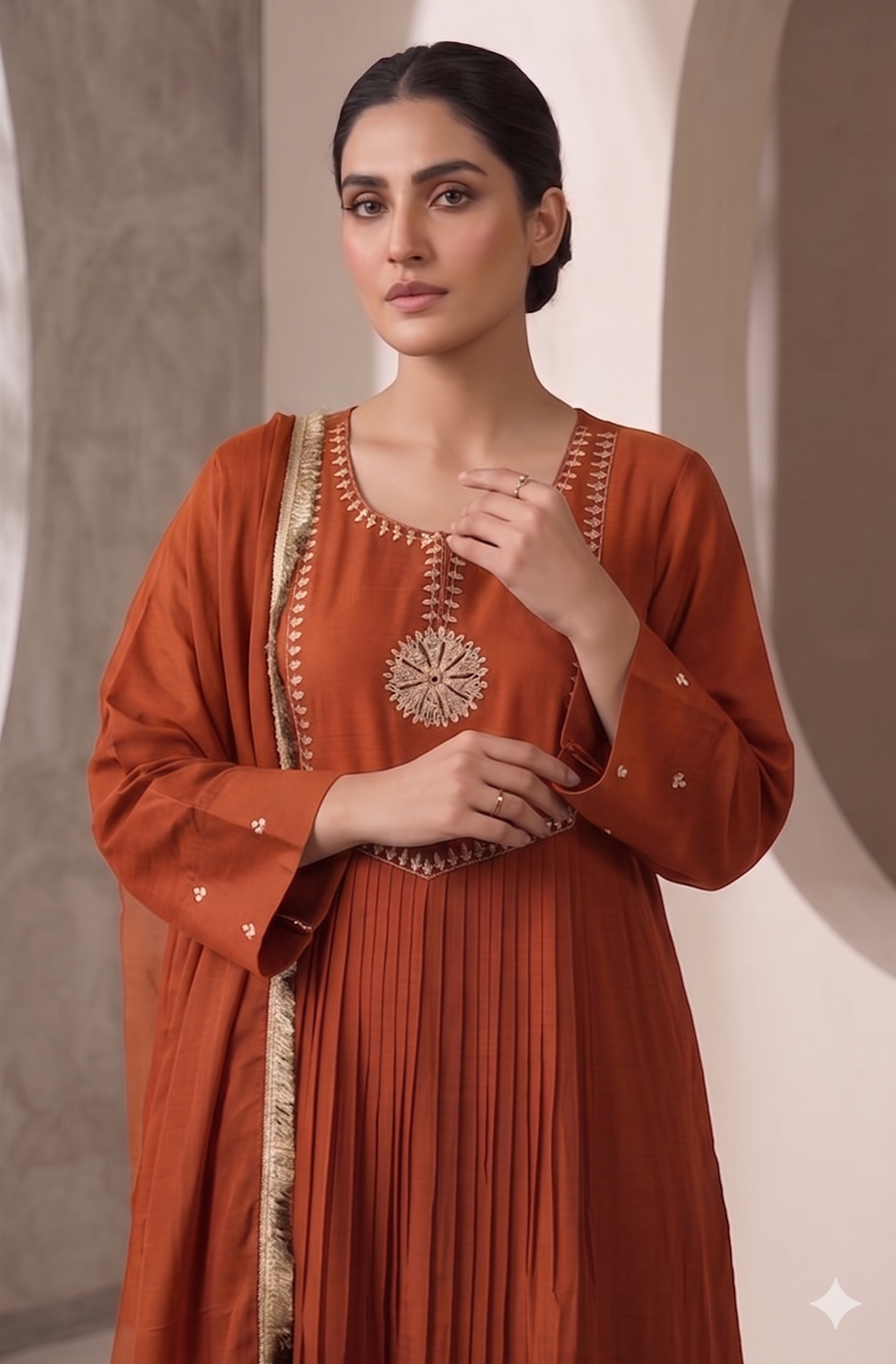 Rust Orange Embroidered Suit Set